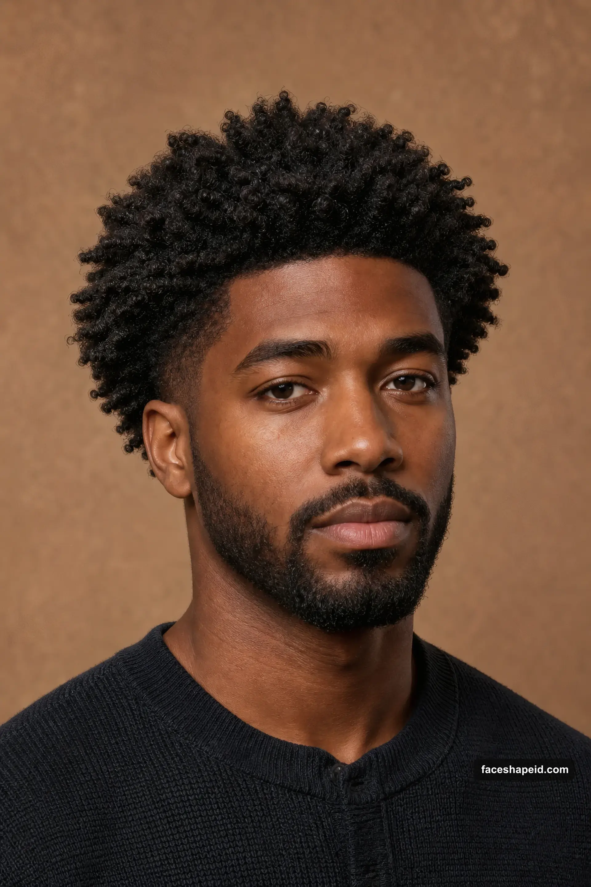 Men's curly or coily hairstyle with defined curls and a rounded taper