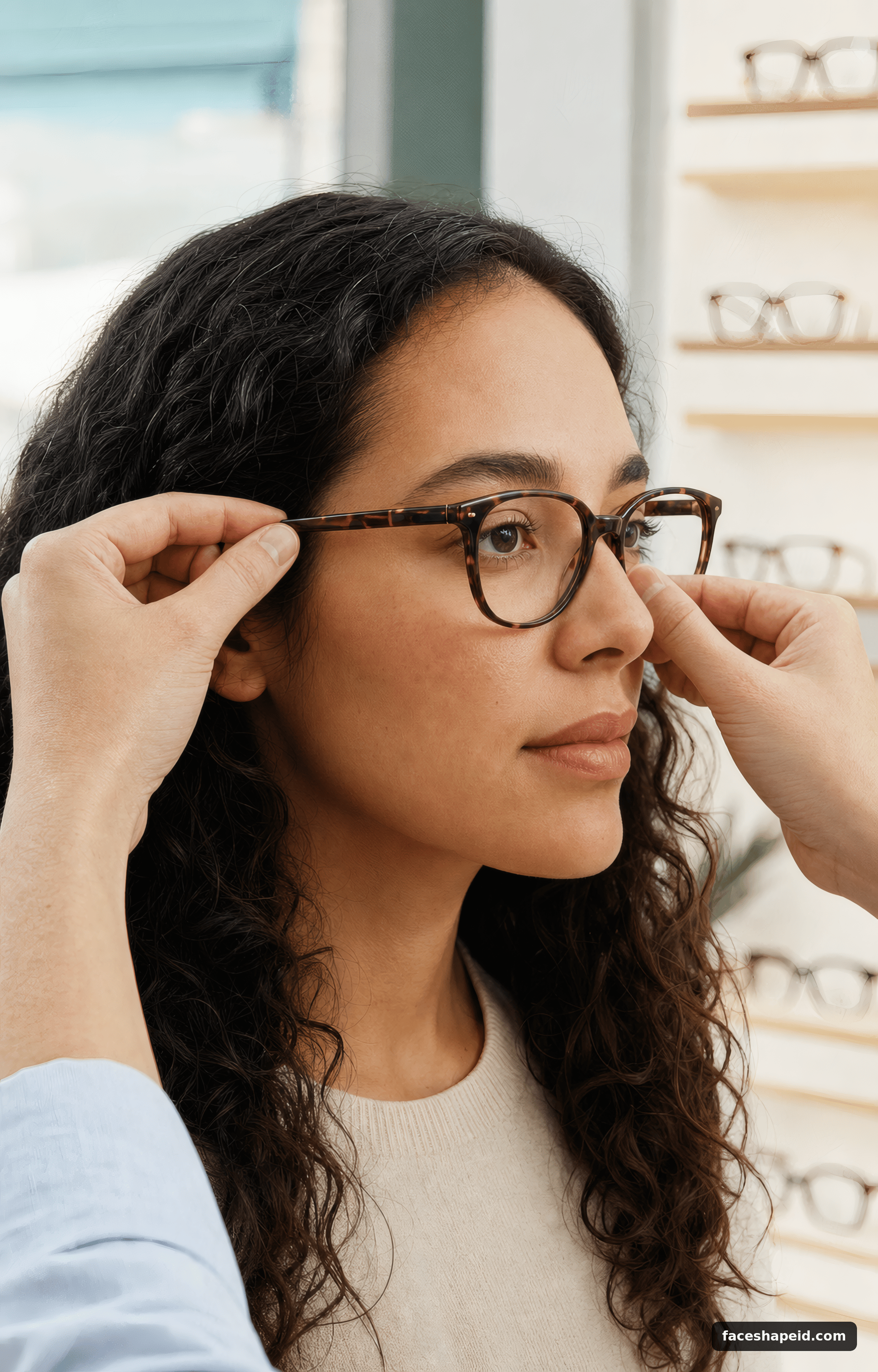 Optician adjusting tortoiseshell glasses at the bridge and temple on a client
