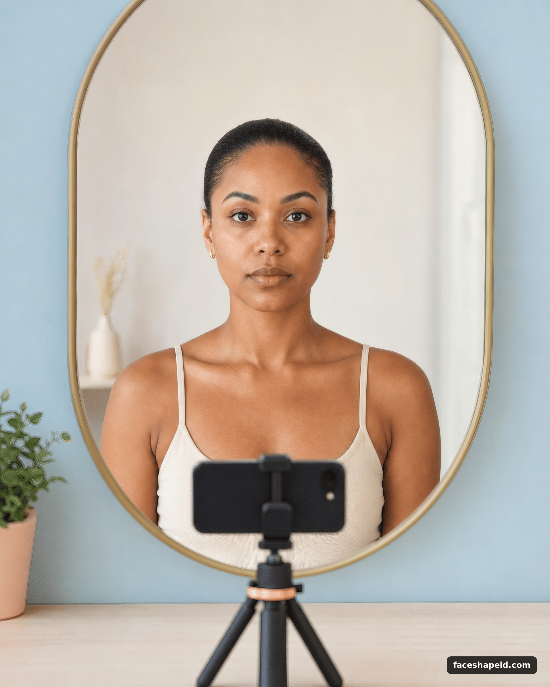 Straight-on face-shape reference photo with hair pulled back and phone on a tripod