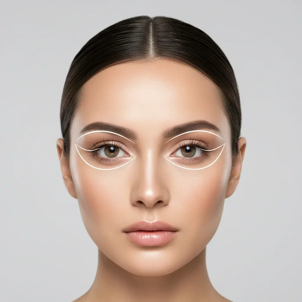 Close-up face photo with AI landmark lines tracing eye contours for shape identification