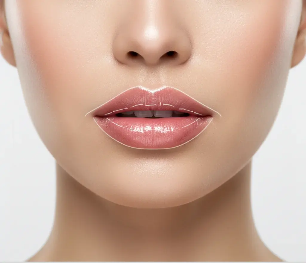 Close-up face photo with AI contour lines tracing lip shape for identification