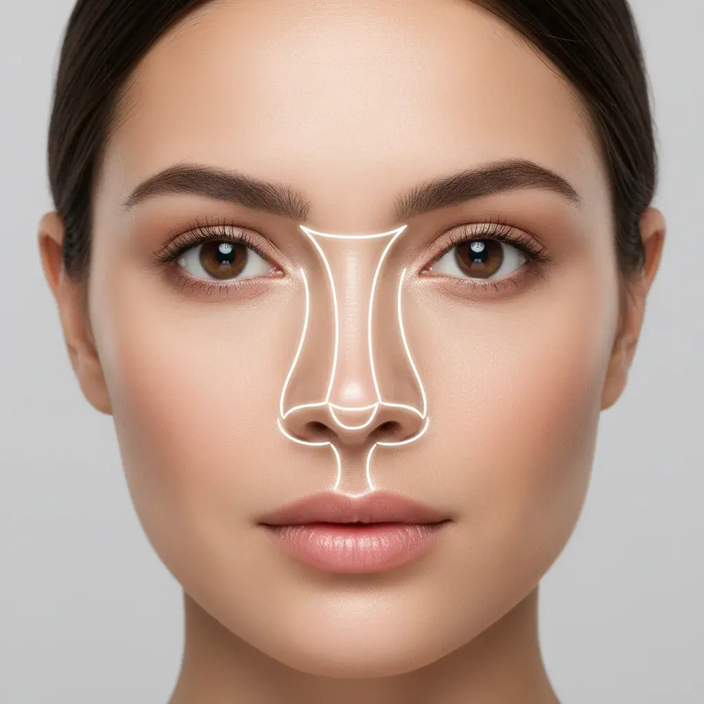 Close-up face photo with AI contour lines tracing nose bridge and tip for shape identification