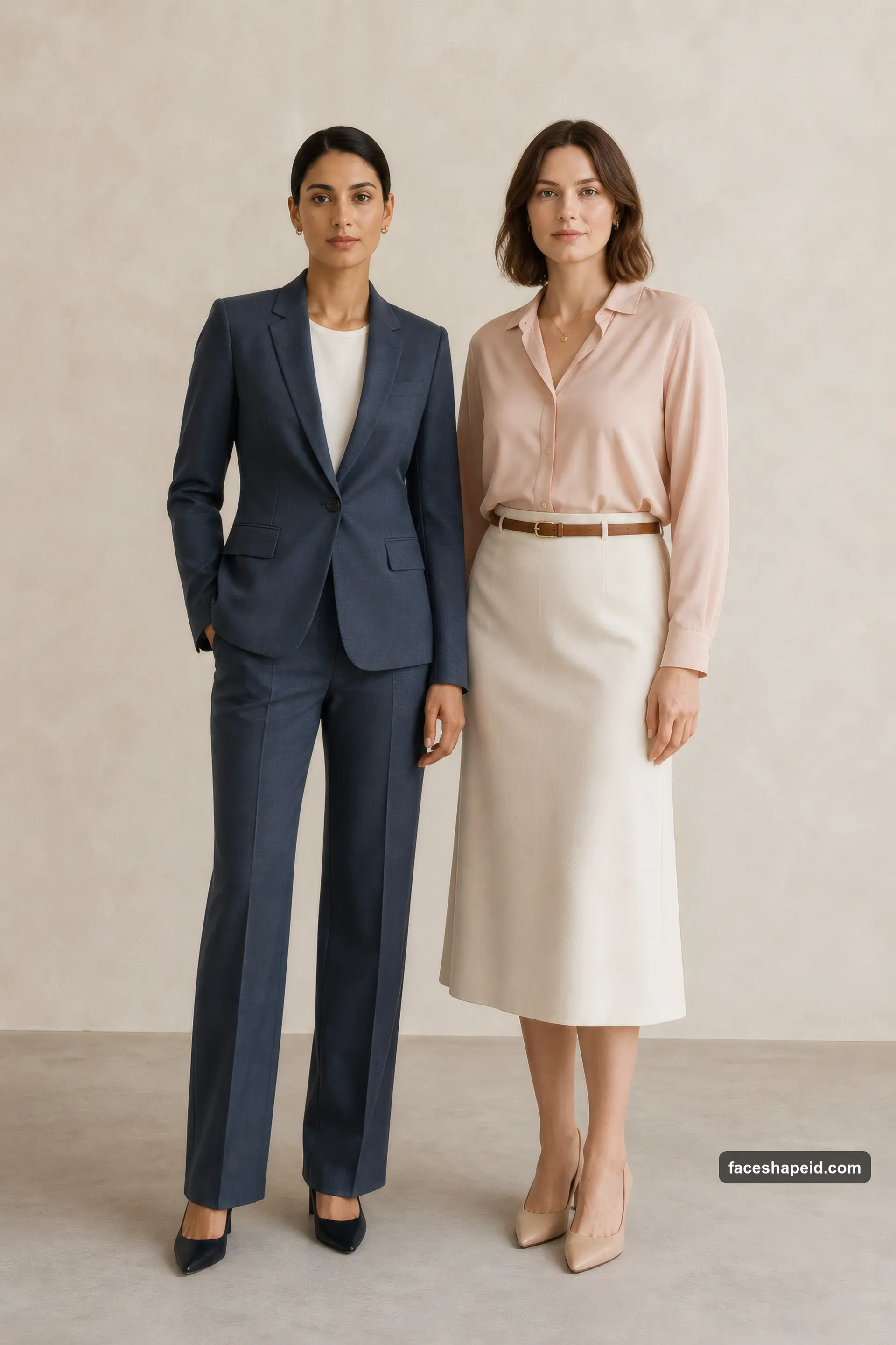 Classic Kibbe family: two models in polished, moderate tailoring showing balanced Kibbe body type proportions