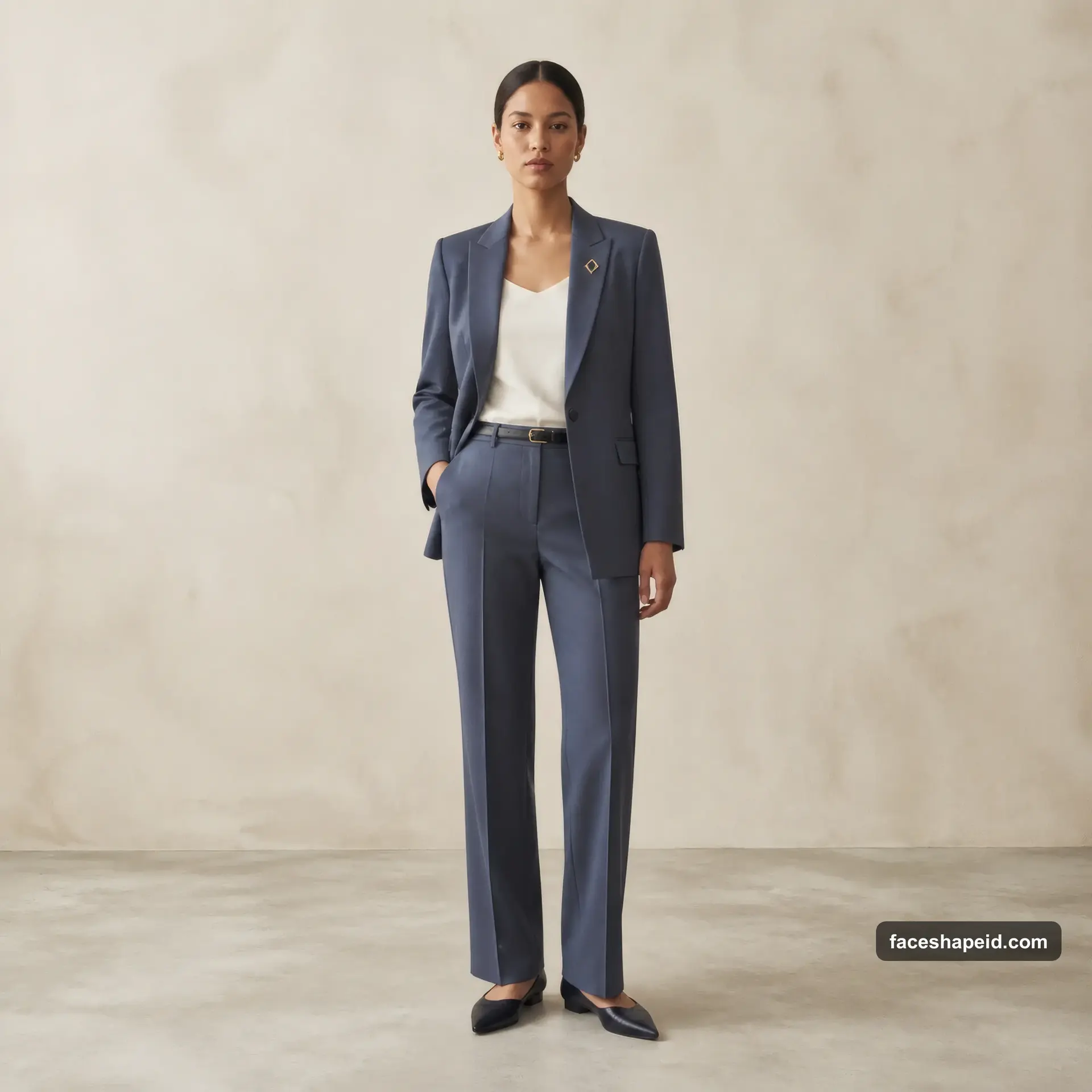 Dramatic Classic Kibbe body type outfit: slate tailored suit and ivory shell showing balance with added sharpness