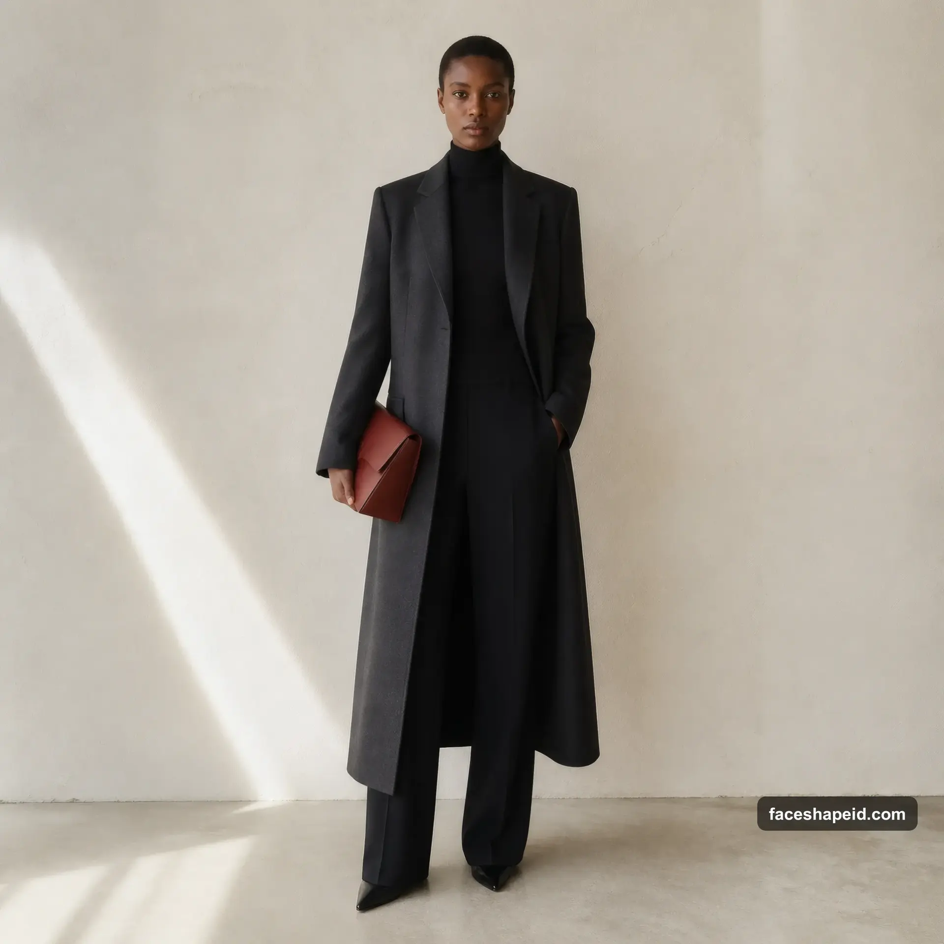 Dramatic Kibbe body type outfit: long charcoal tailored coat and black column showing vertical, sharp lines