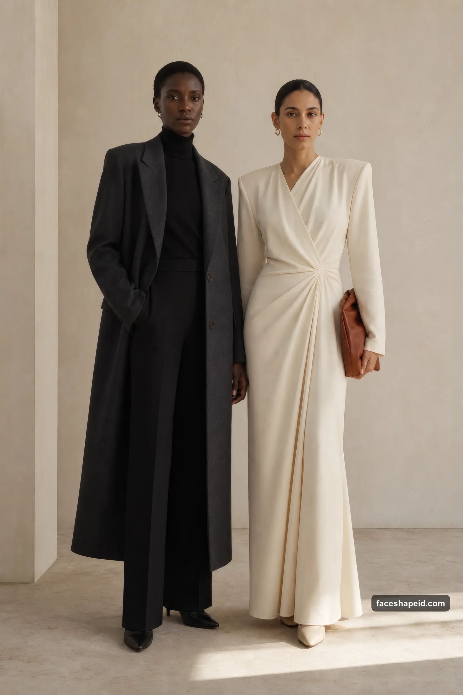 Dramatic Kibbe family: two models in long, sharply tailored clothing showing vertical Kibbe body type lines