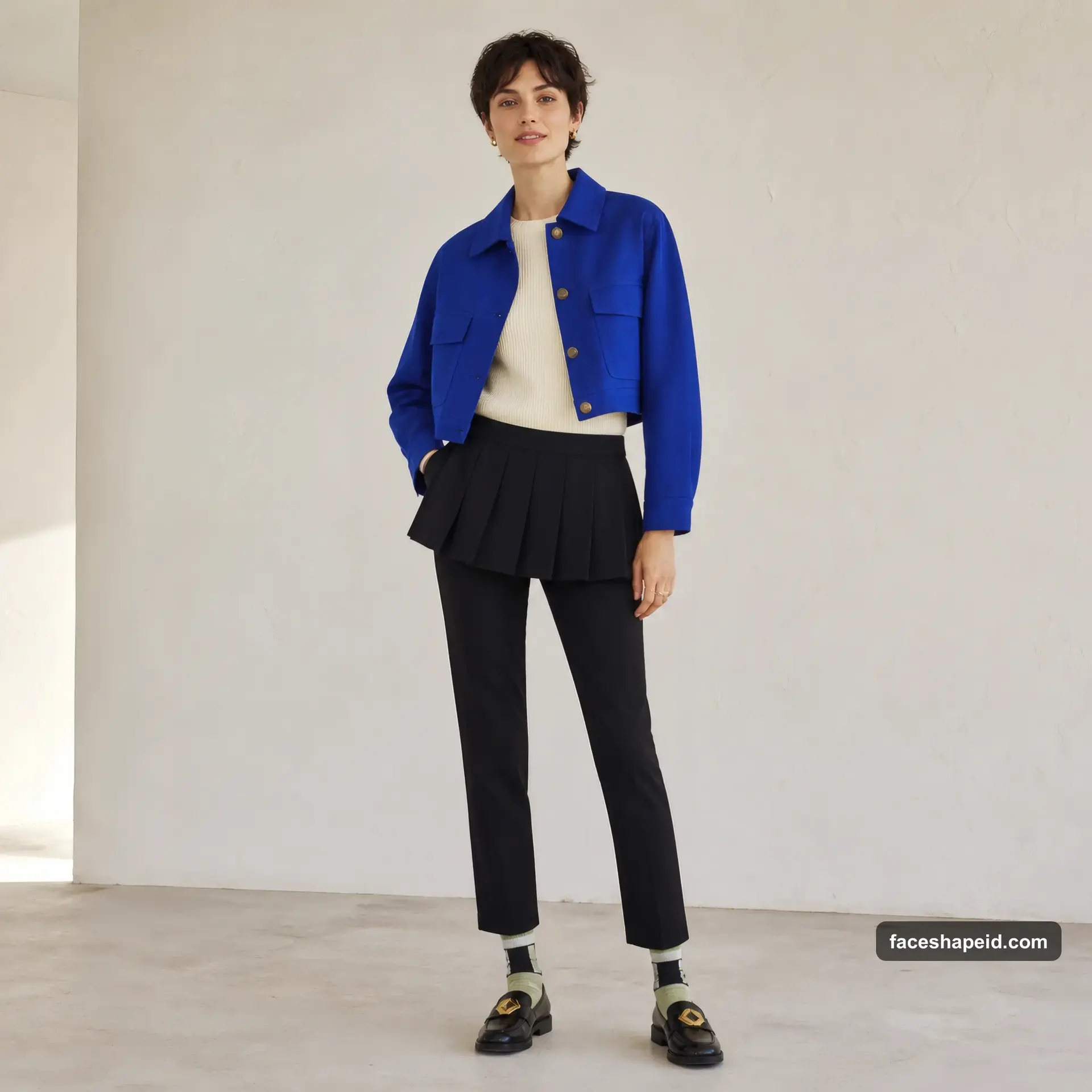 Flamboyant Gamine Kibbe body type outfit: cropped cobalt jacket, pleated skirt, and slim trousers showing broken lines