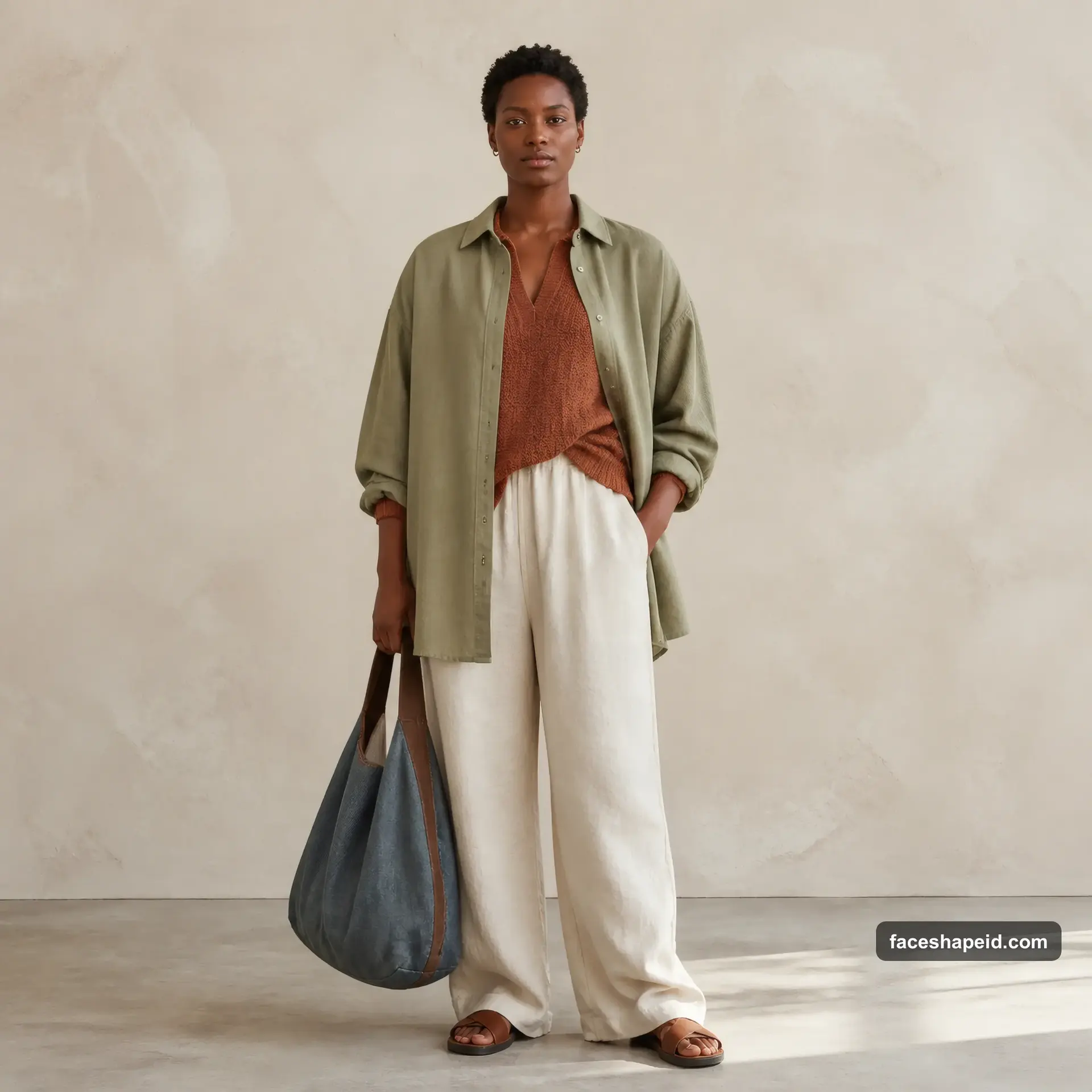 Flamboyant Natural Kibbe body type outfit: oversized sage overshirt and loose cream trousers showing width and texture