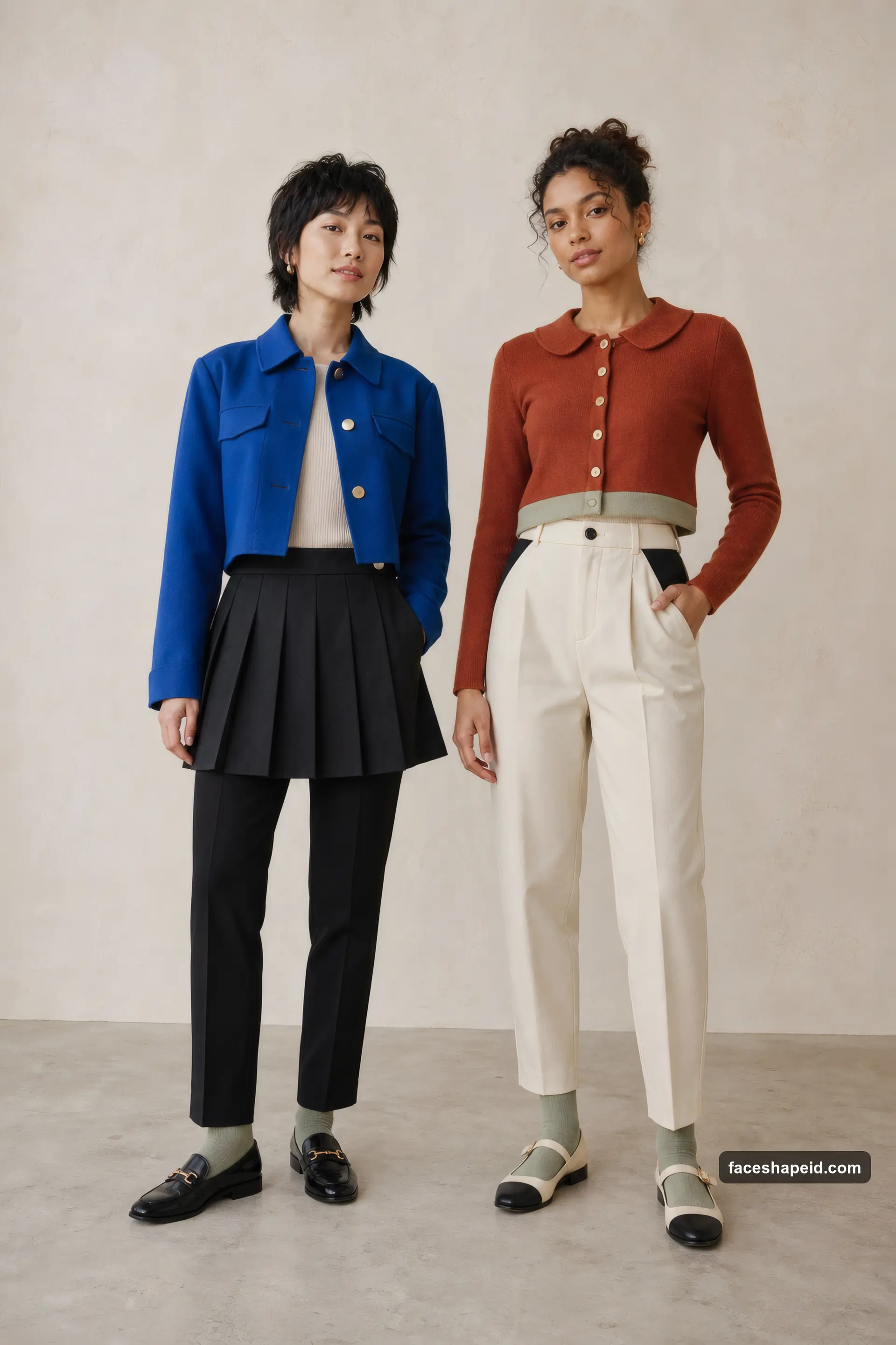 Gamine Kibbe family: two models in cropped, compact outfits showing broken Kibbe body type lines