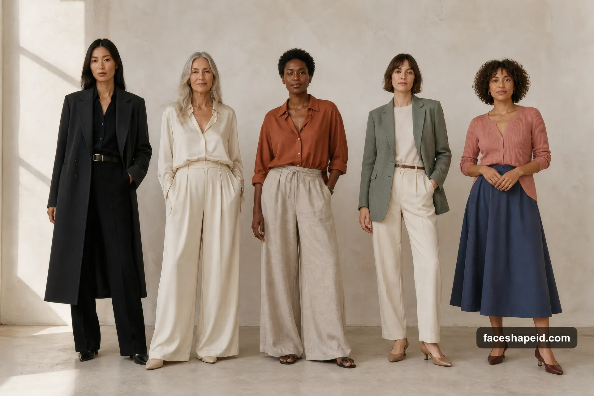 Kibbe body types illustrated: five models showing long, open, balanced, compact, and curve-following clothing lines