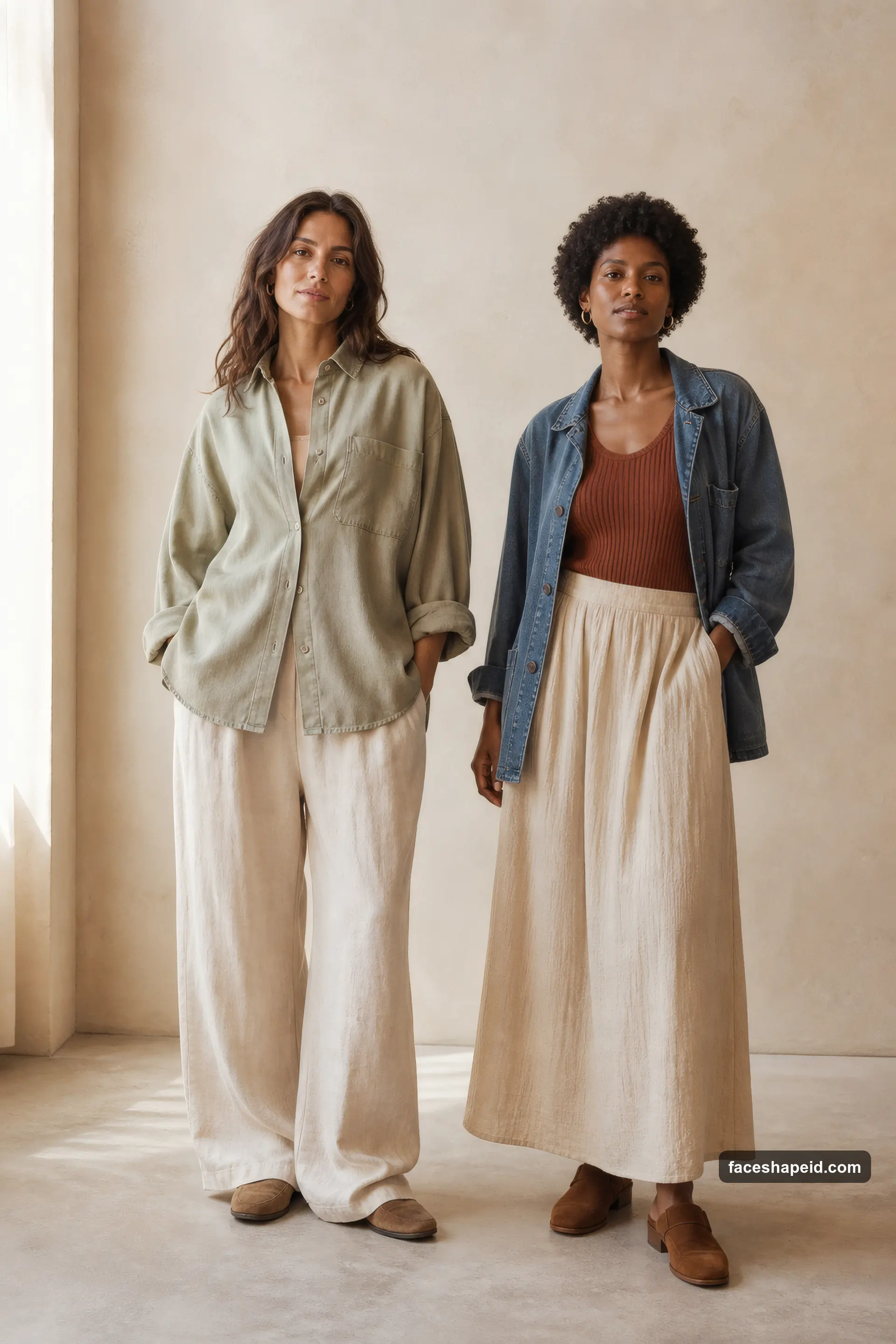 Natural Kibbe family: two models in relaxed, textured clothing showing open, wide Kibbe body type lines