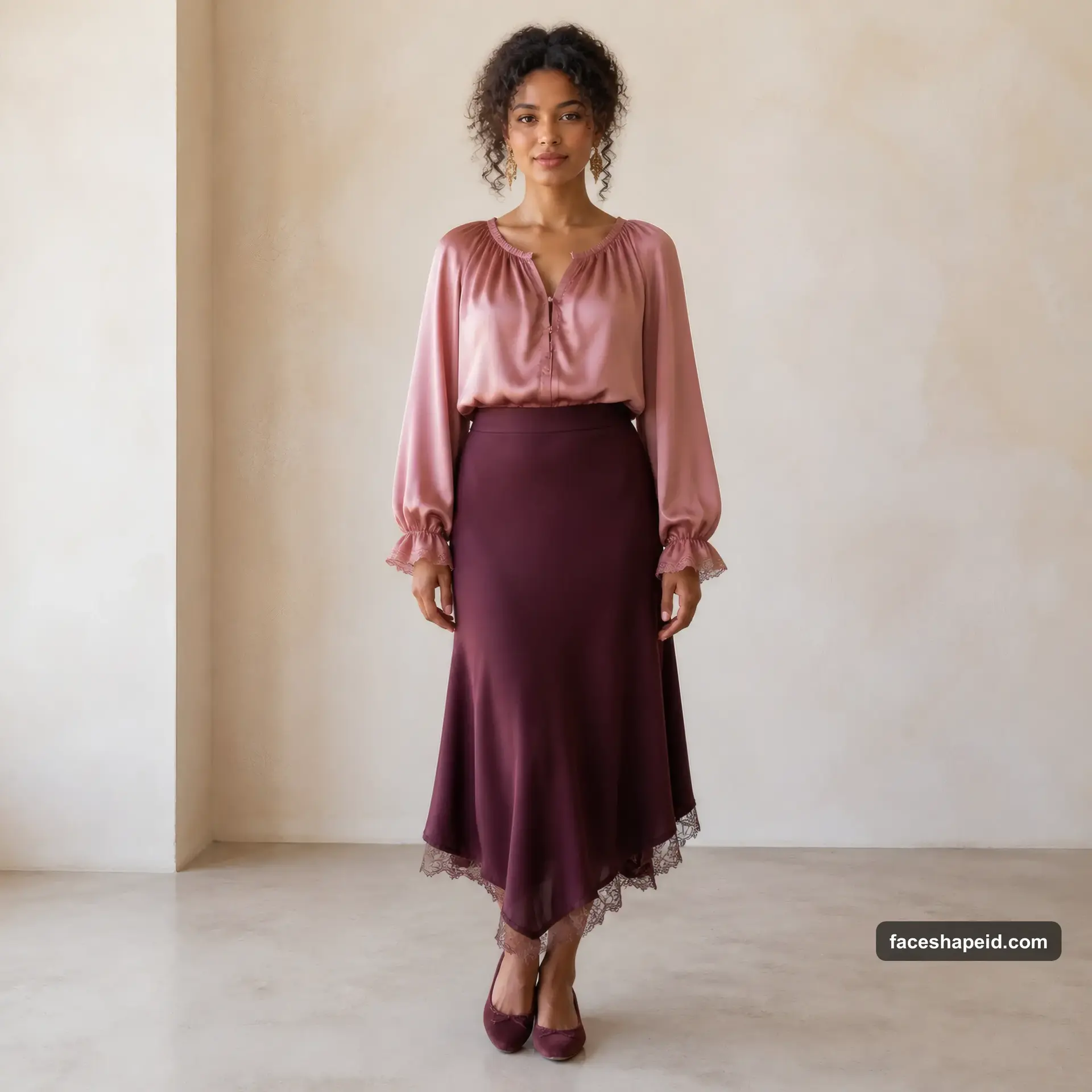 Romantic Kibbe body type outfit: rose silk blouse and fluid berry skirt showing rounded softness and drape