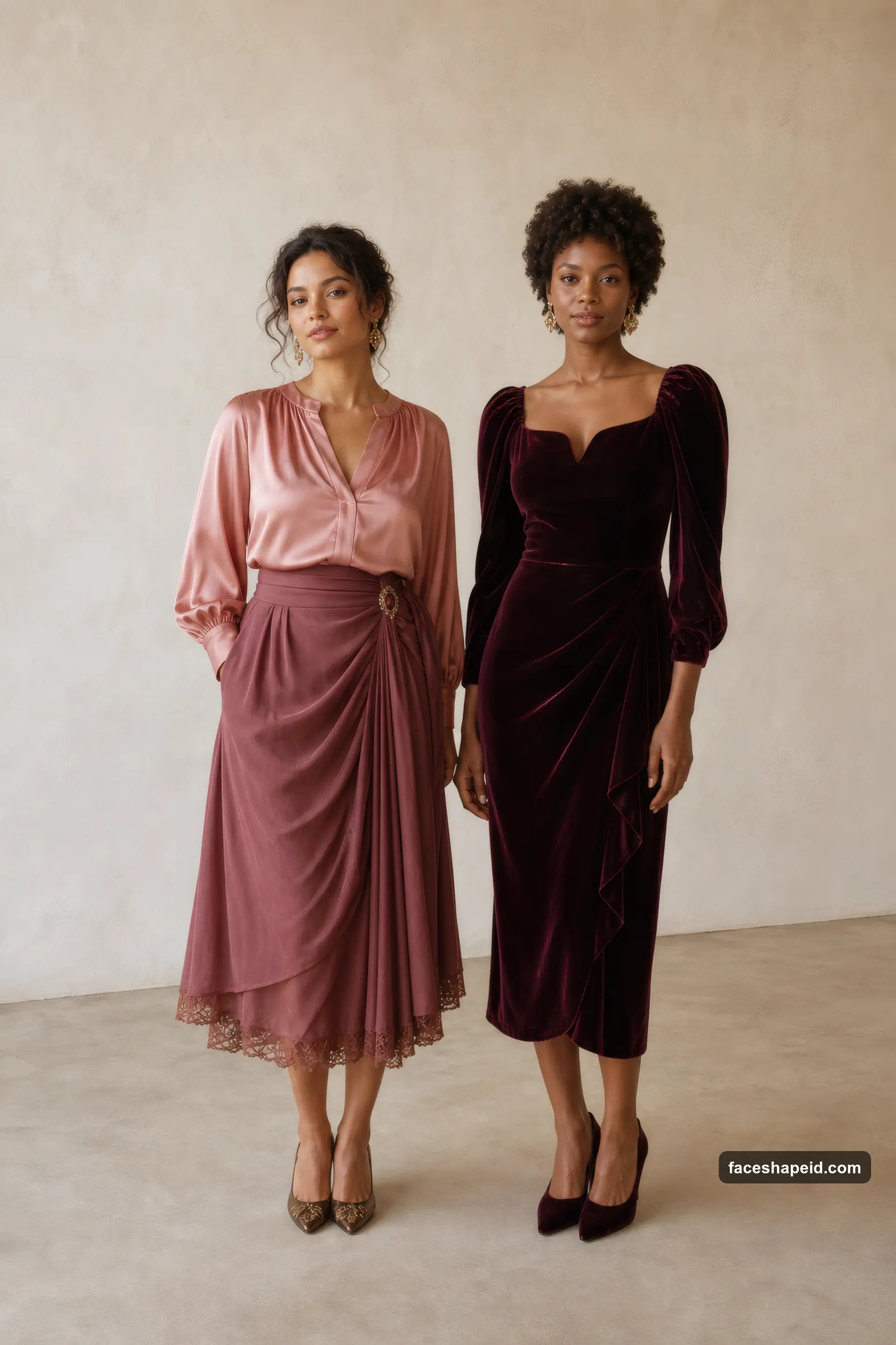 Romantic Kibbe family: two models in softly draped clothing showing rounded, curve-following Kibbe lines