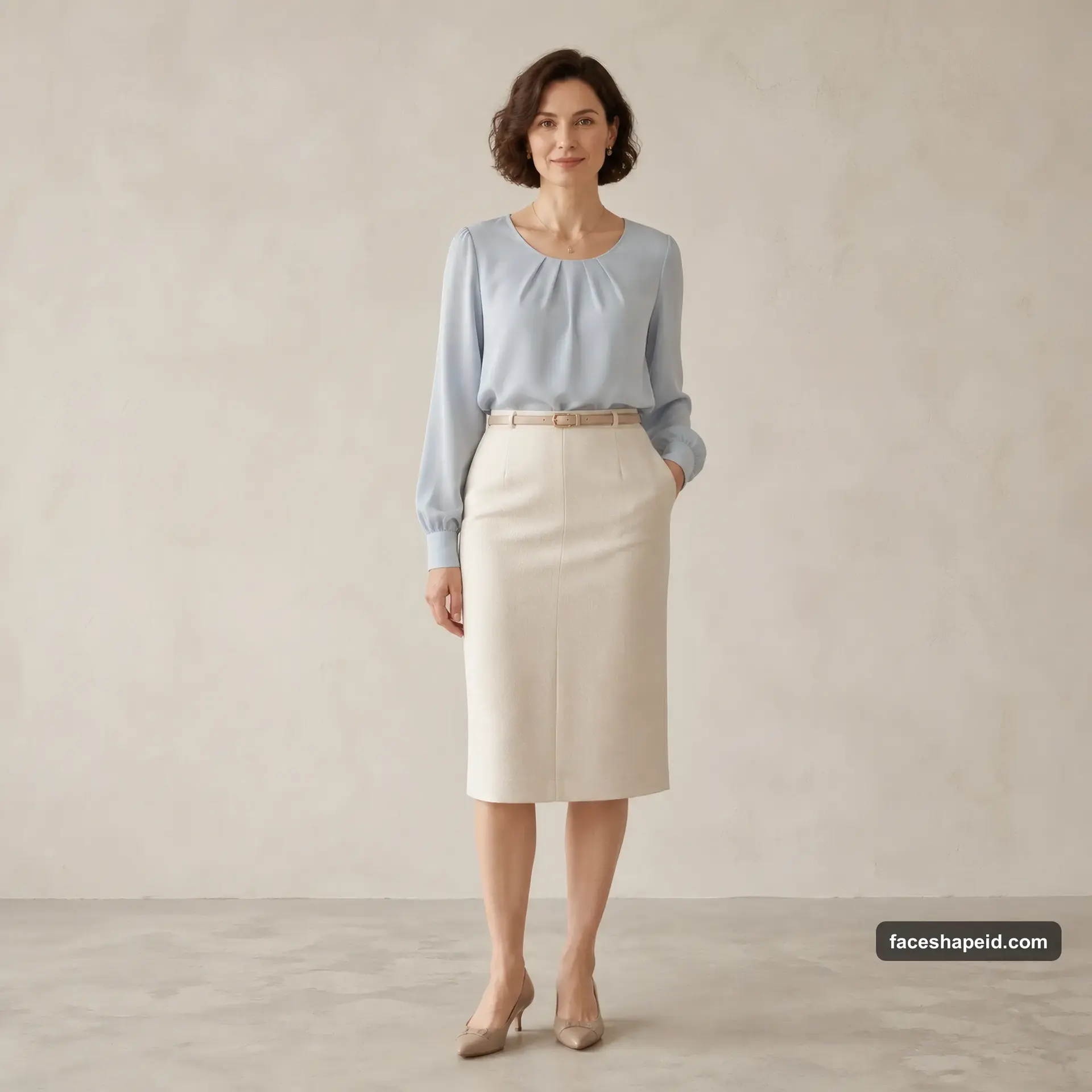 Soft Classic Kibbe body type outfit: powder-blue blouse and cream skirt showing balance with added curve