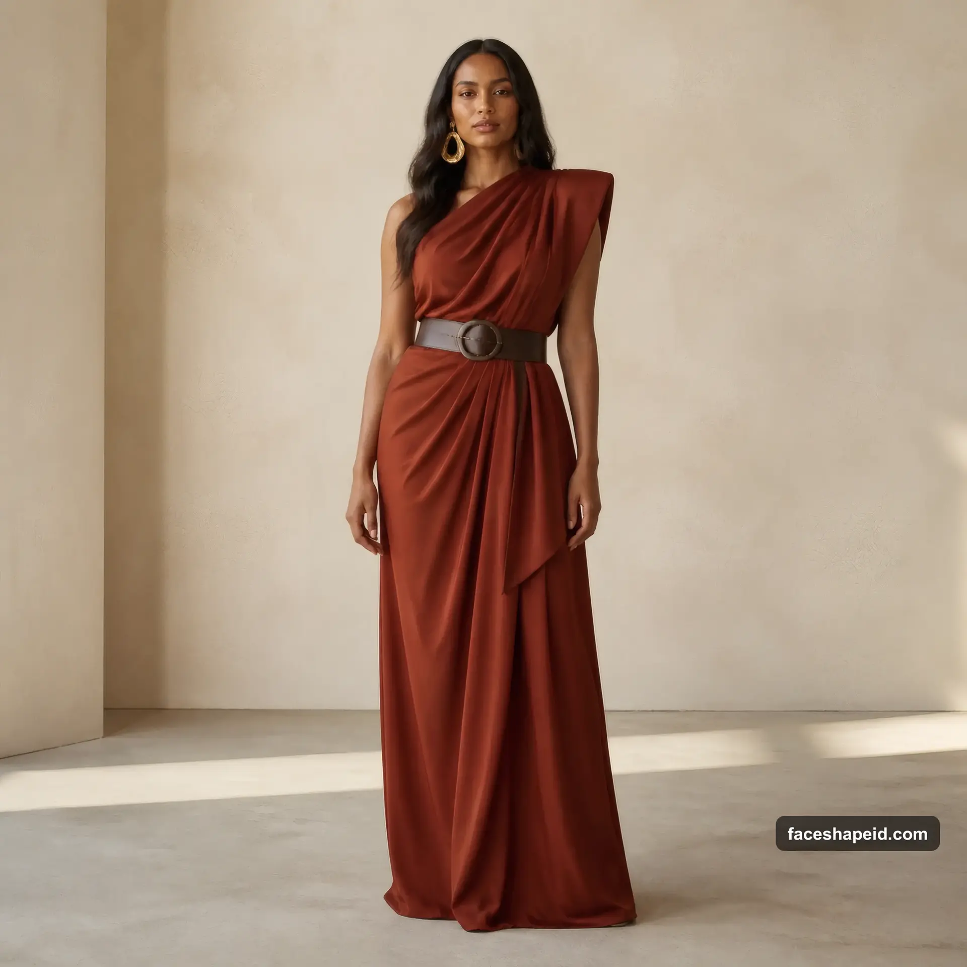 Soft Dramatic Kibbe body type outfit: long rust draped dress with sculptural shoulder showing vertical and curve