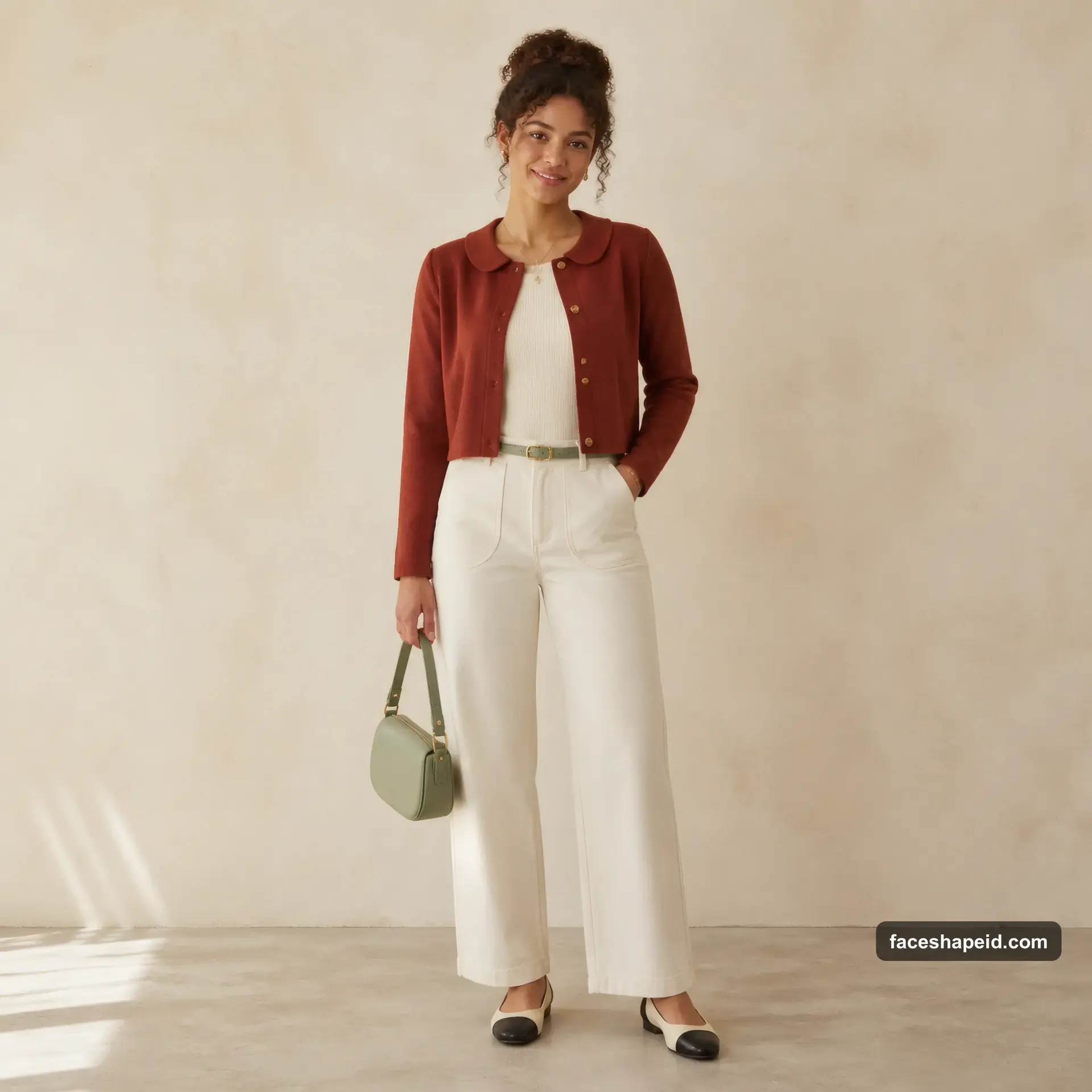 Soft Gamine Kibbe body type outfit: cropped rust cardigan and cream trousers showing compact curve and contrast