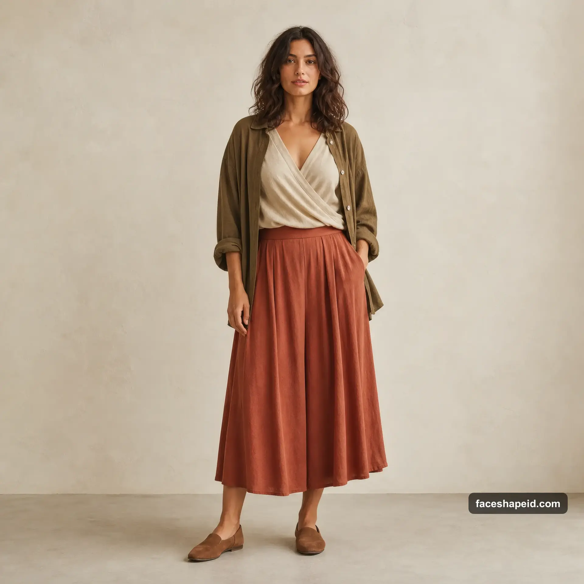 Soft Natural Kibbe body type outfit: oat wrap blouse, rust skirt, and relaxed olive layer showing width and curve