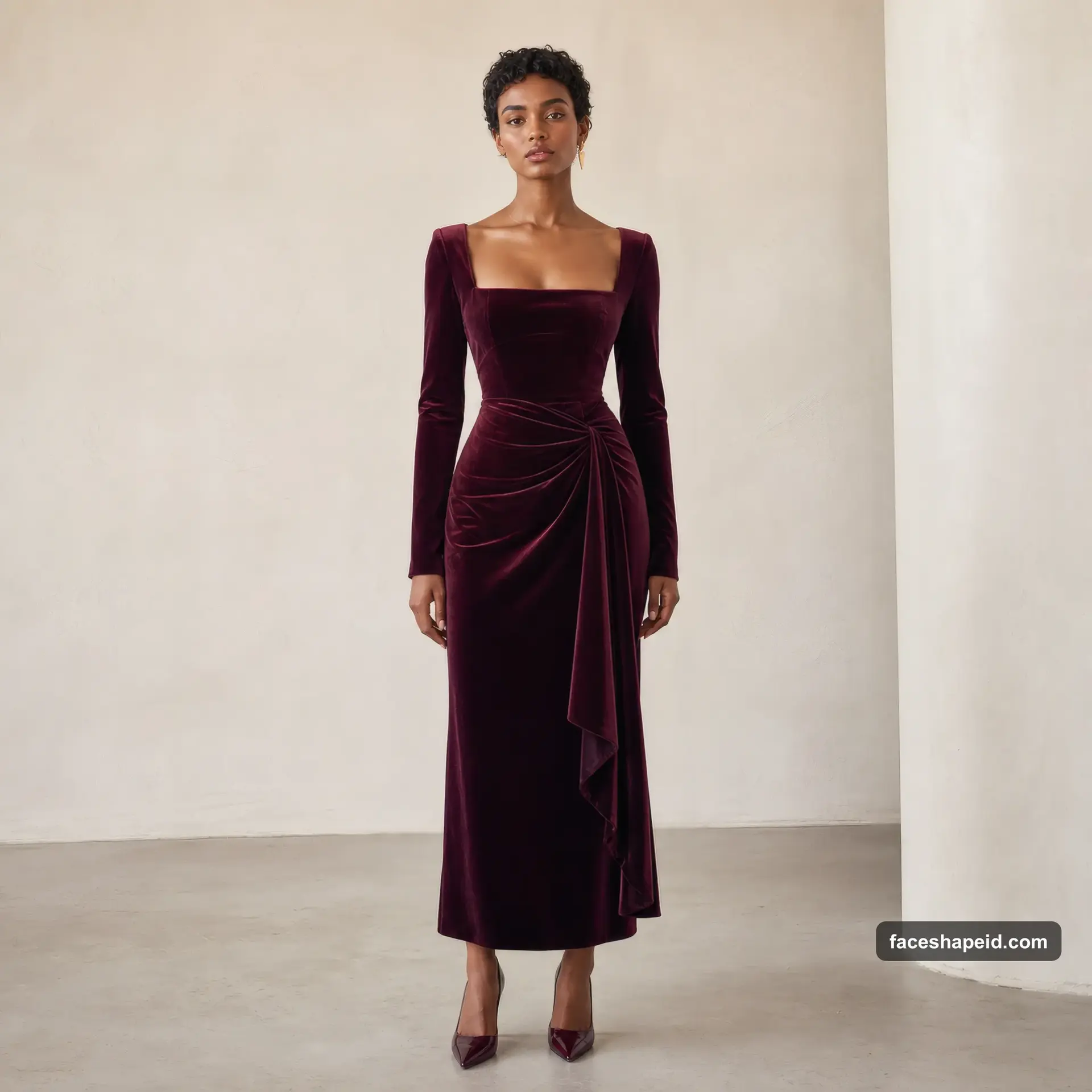 Theatrical Romantic Kibbe body type outfit: fitted berry velvet dress with square neckline showing curve and sharpness