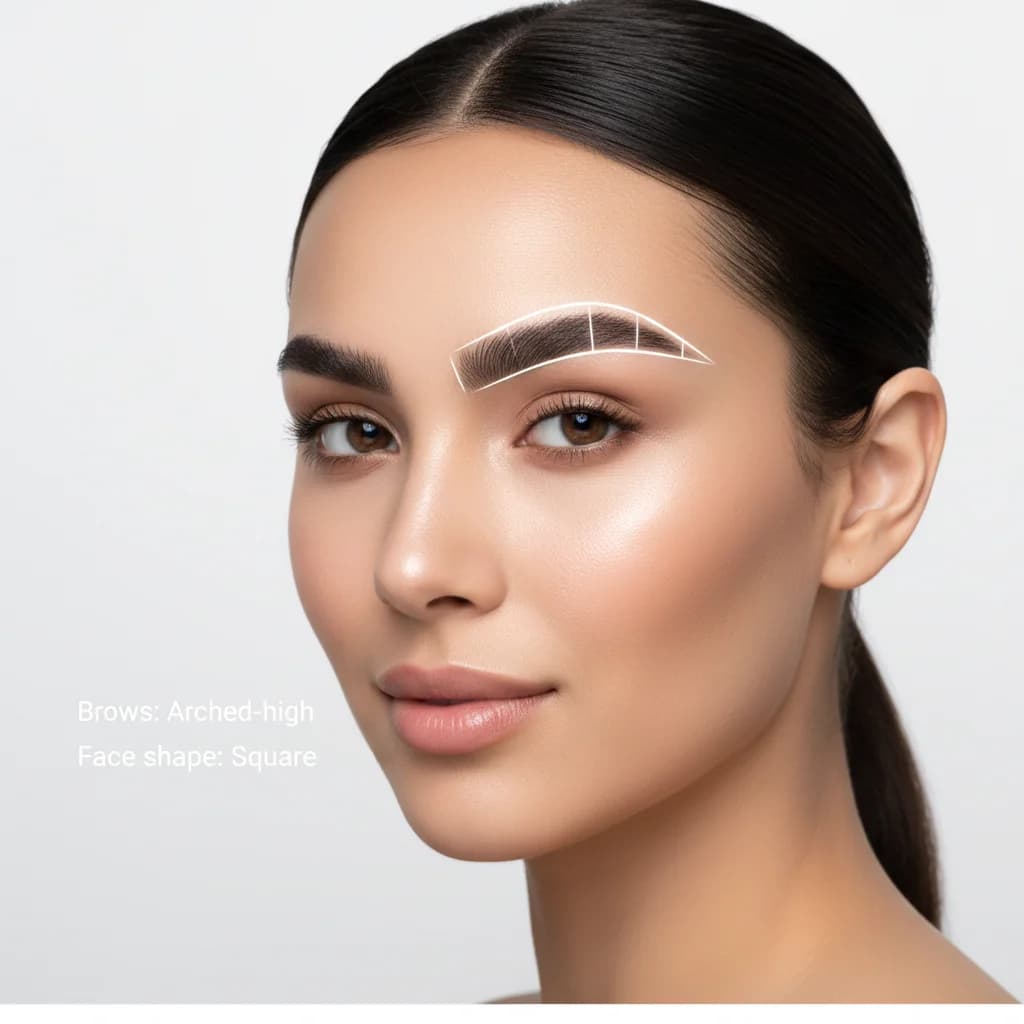 AI eyebrow shape analysis showing arched-high brow with facial landmark overlay