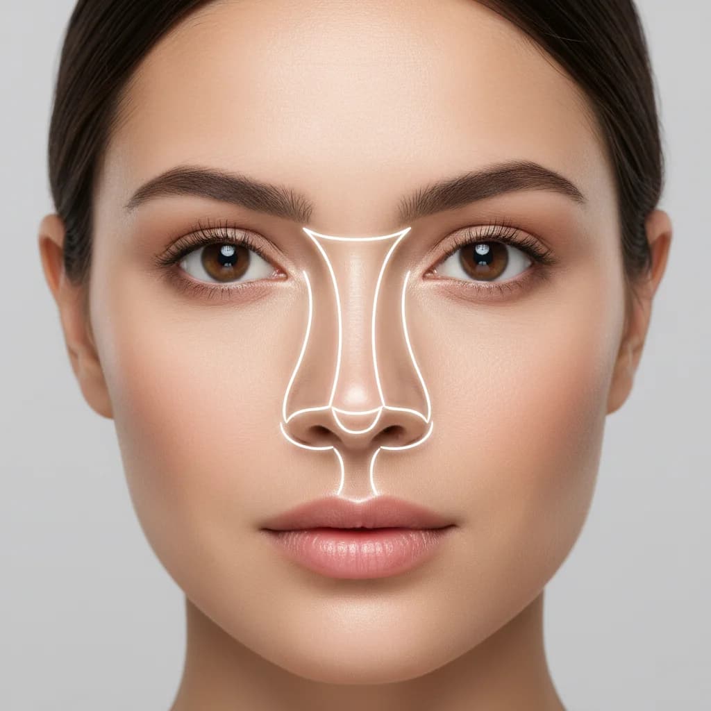 Close-up face photo with AI contour lines tracing nose bridge and tip for shape identification
