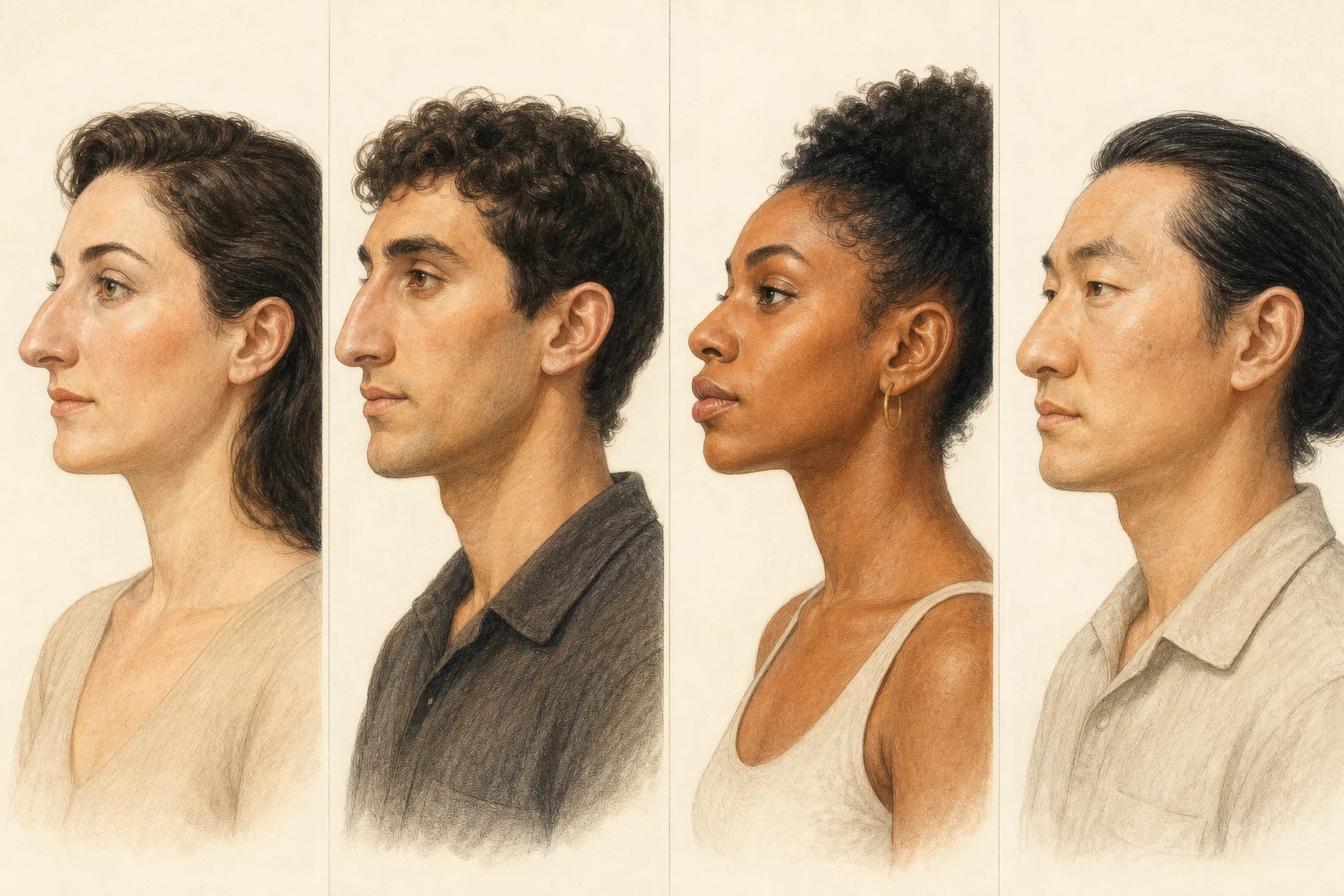 Four diverse profile portraits showing nasal prominence through bridge height, length, tip projection, and base width