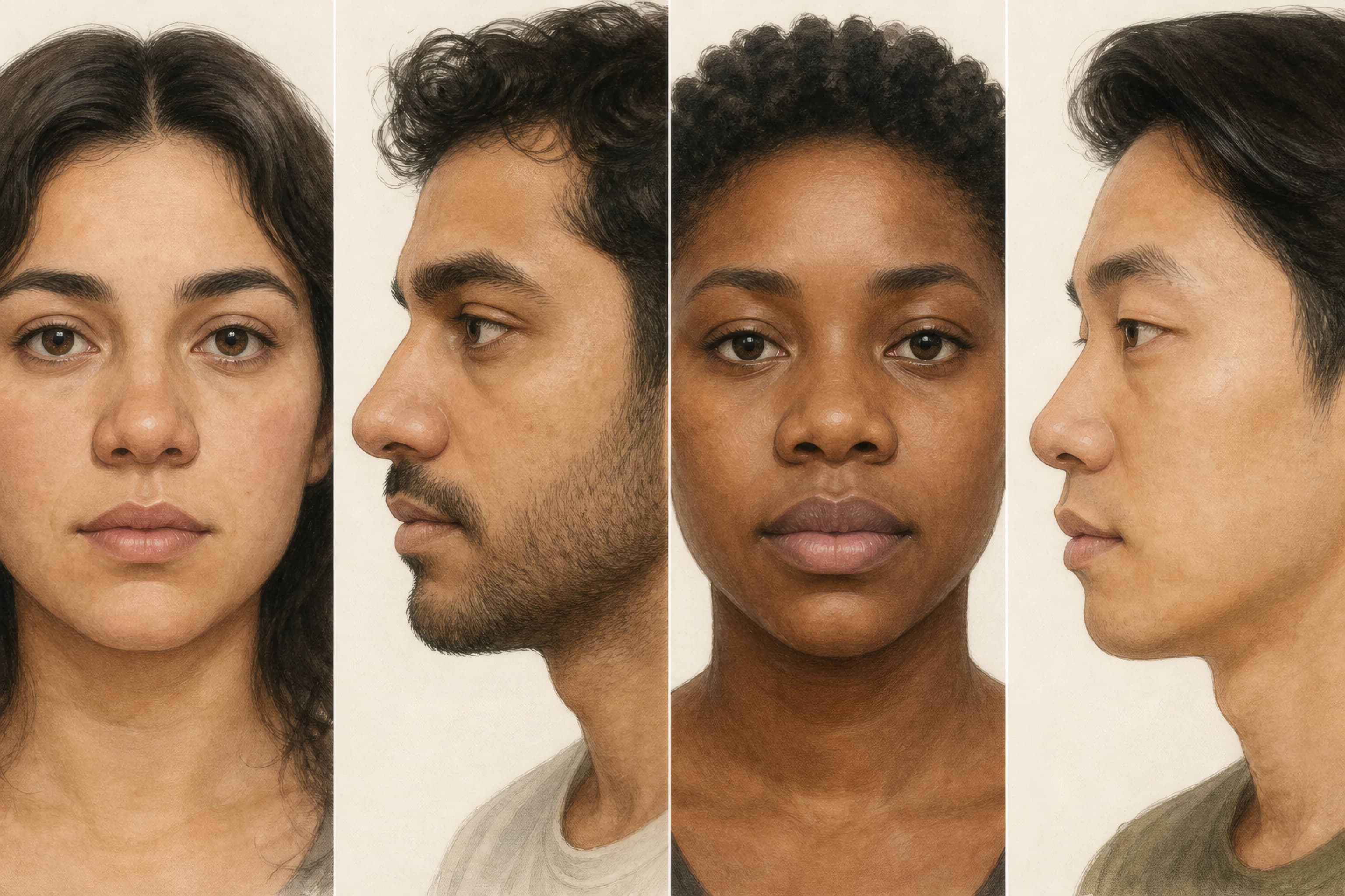 Diverse front and profile illustrations showing natural variations of a broad, rounded bulbous nose tip