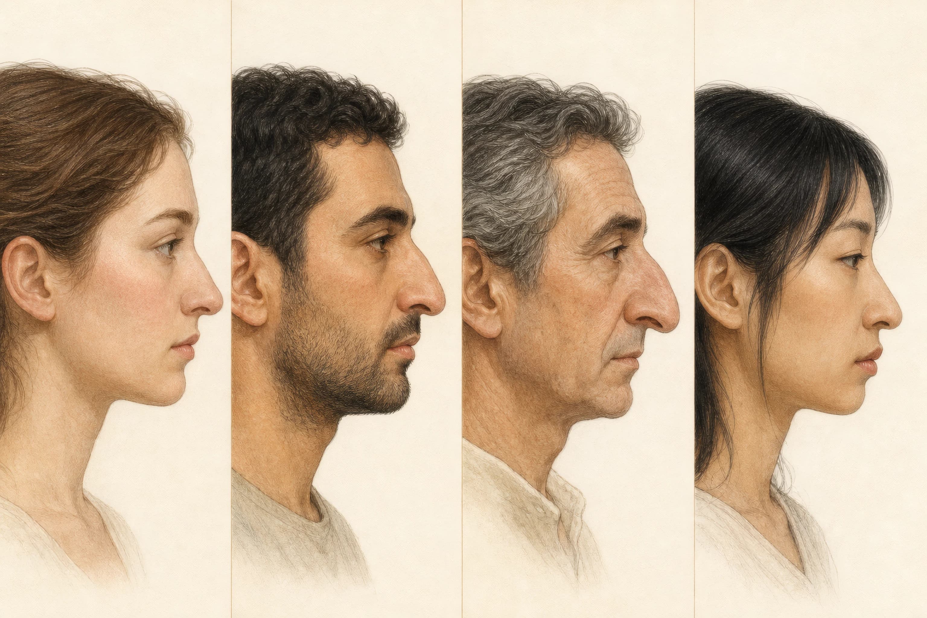 Four diverse side-profile illustrations showing downturned nose tips across straight, Roman, aquiline, and low bridges