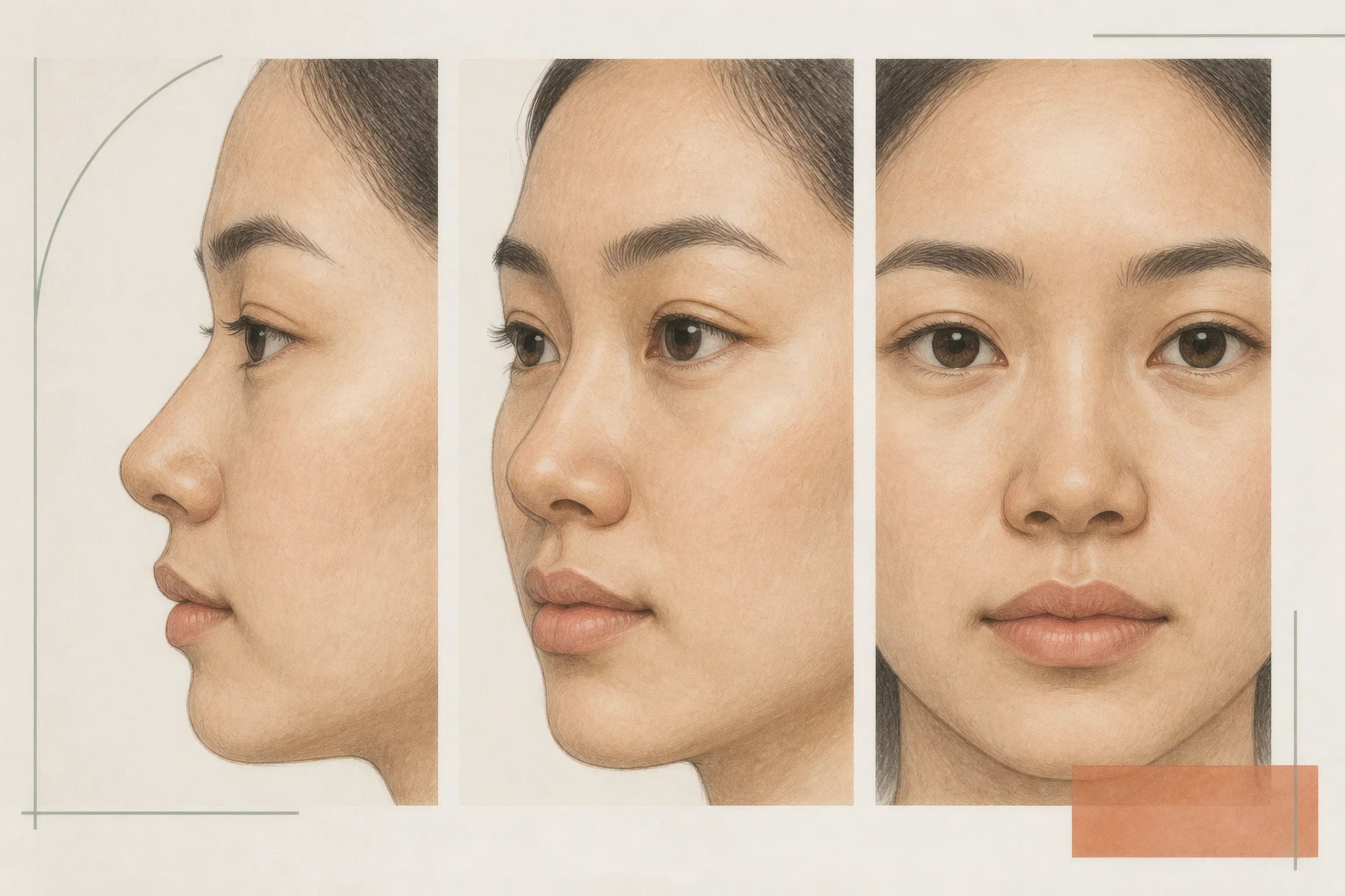The same low-bridge nose shown from profile, three-quarter, and front views