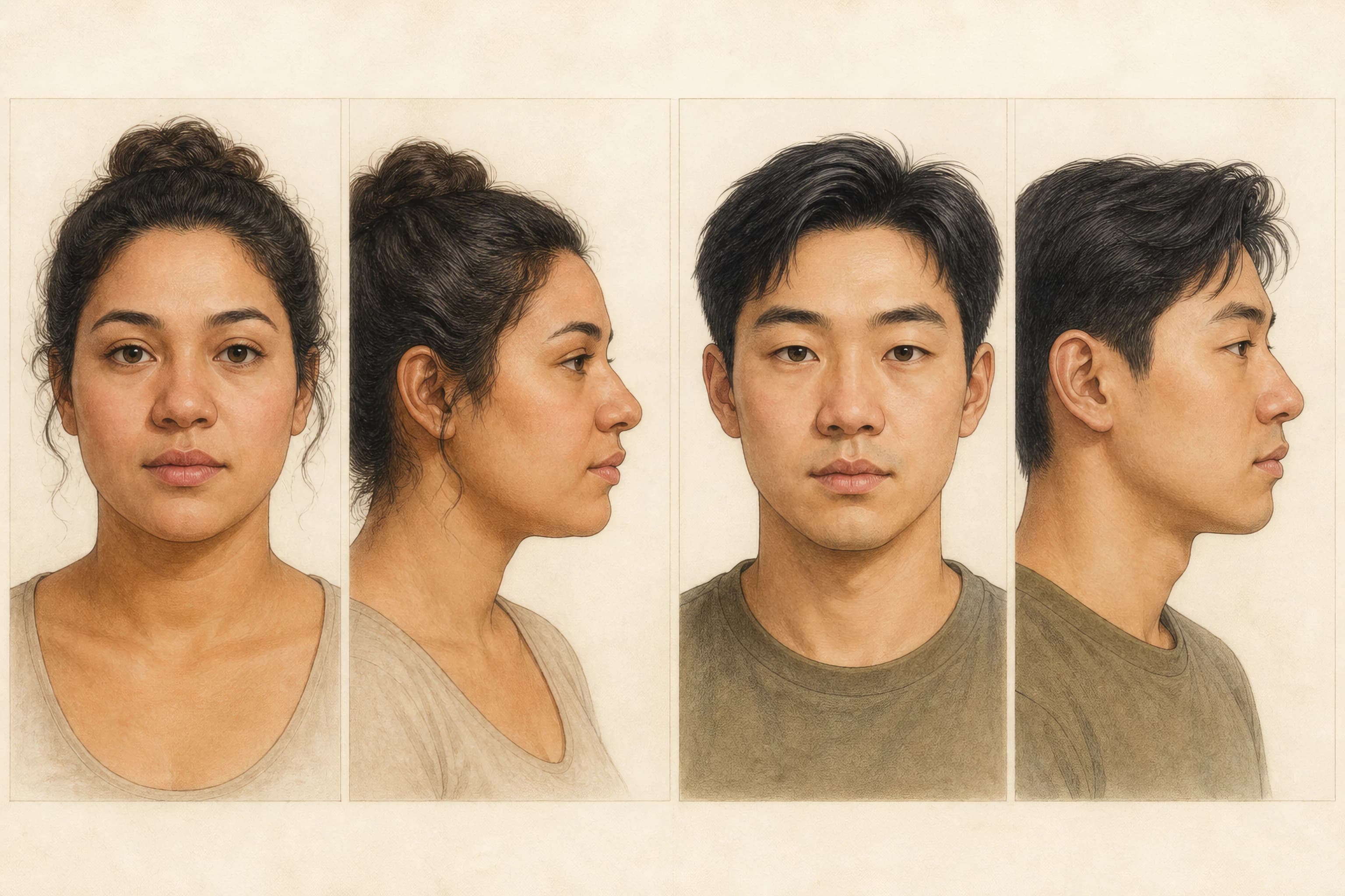 Matched front and profile illustrations comparing whole-nose soft-tissue fullness with tip-only bulbous fullness