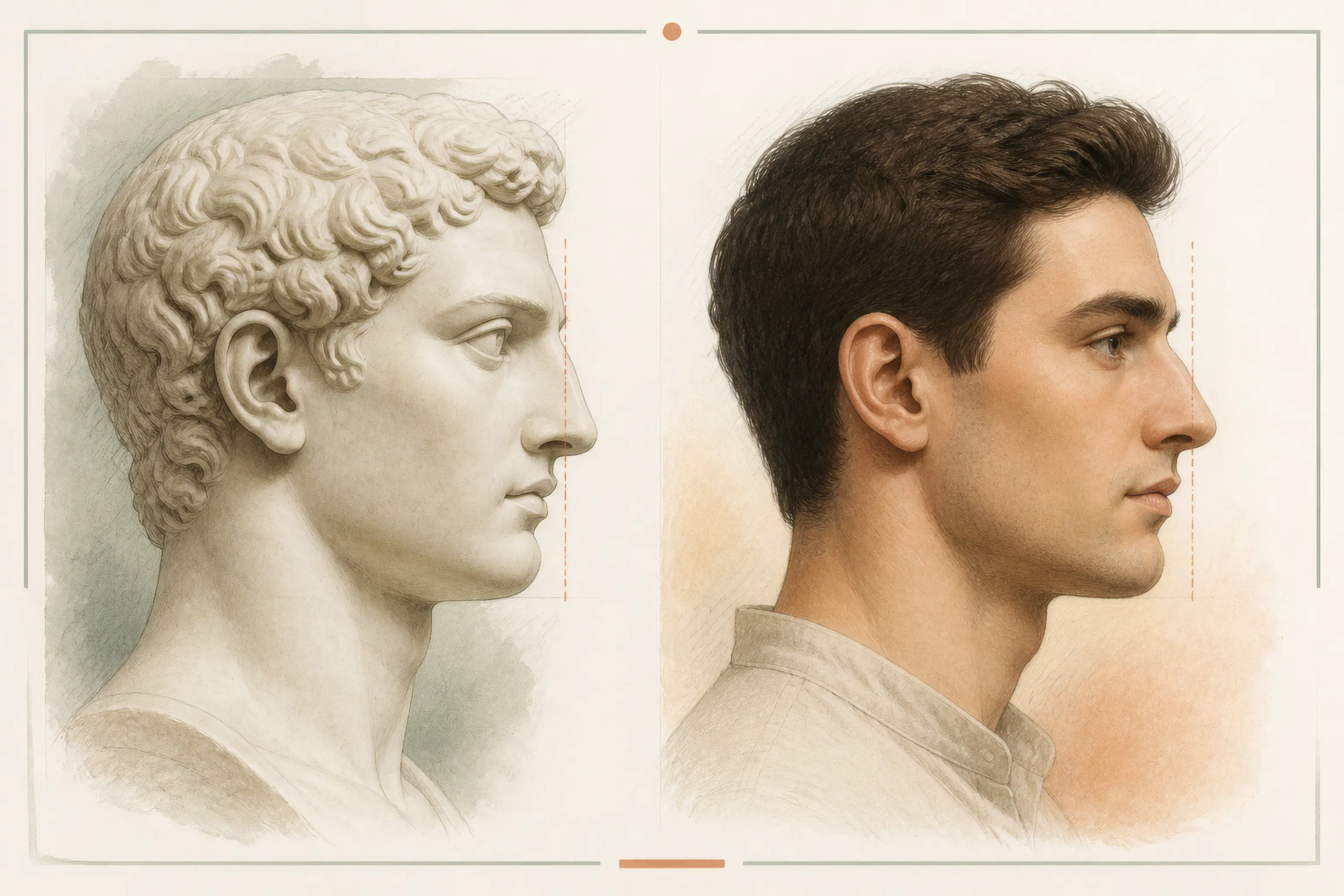 Classical marble sculpture and contemporary adult shown with straight nose profiles