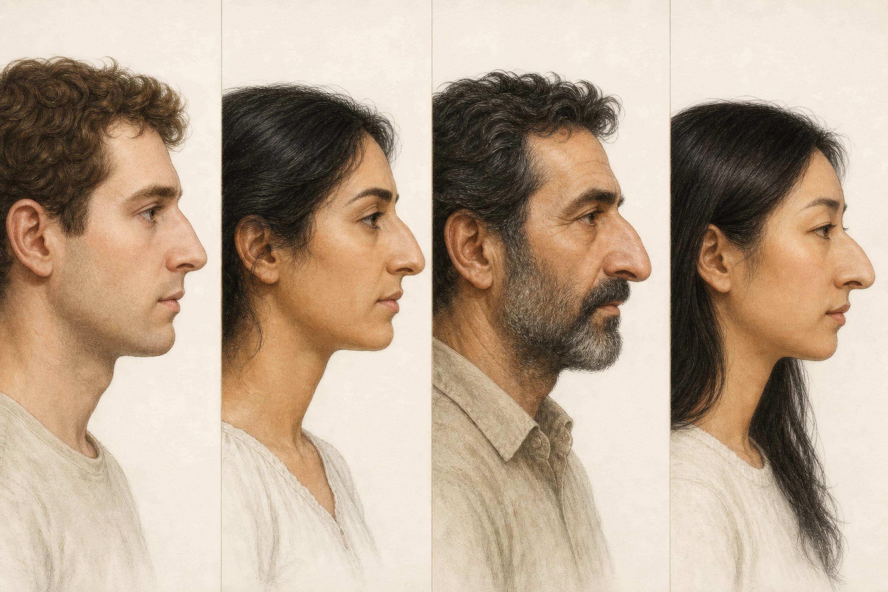 Four diverse side-profile illustrations comparing Roman, aquiline, and pronounced hawk nose curves
