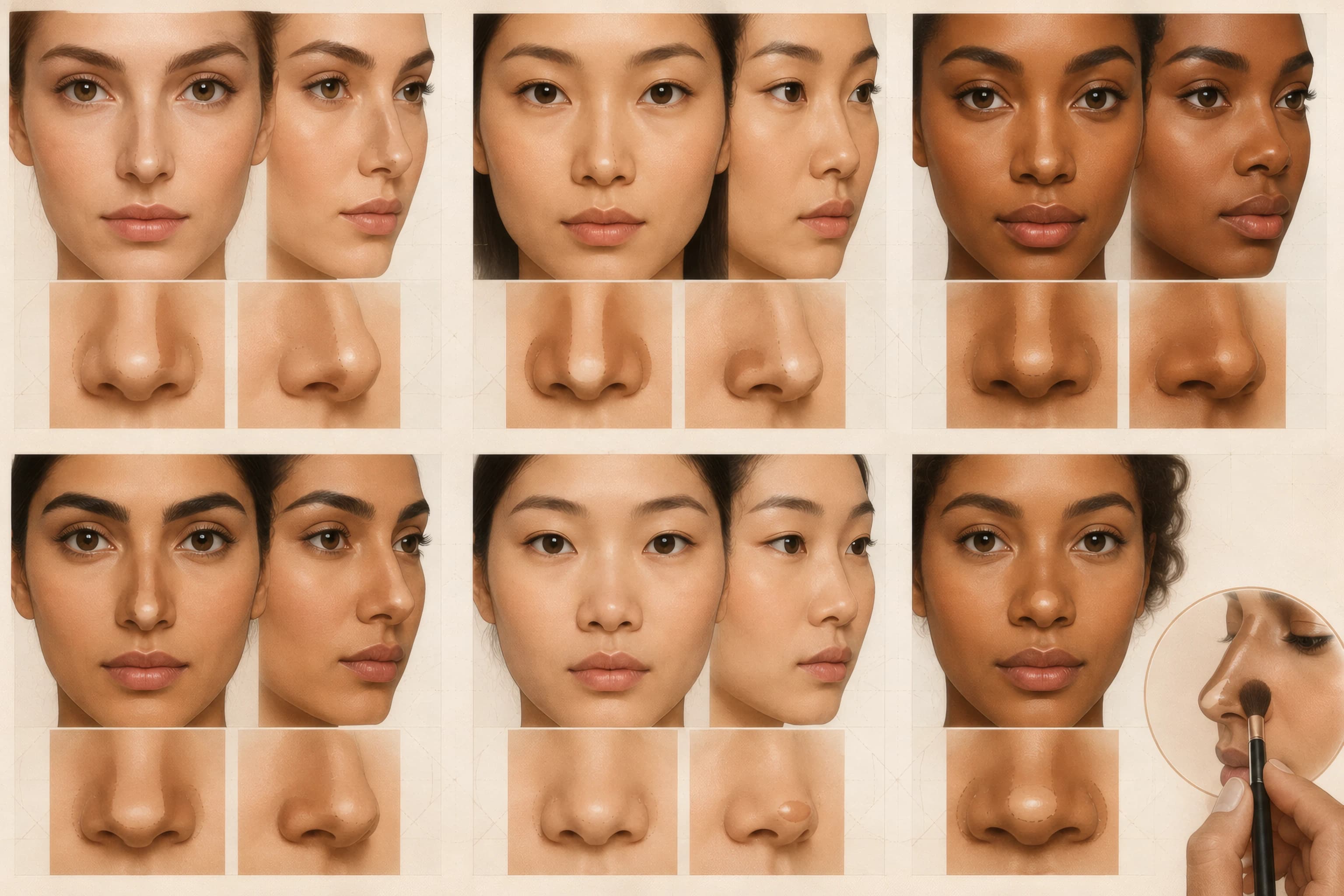 Six nose shape diagrams with contour and highlight placement mapped for straight, Roman, upturned, bulbous, flat, and wide shapes