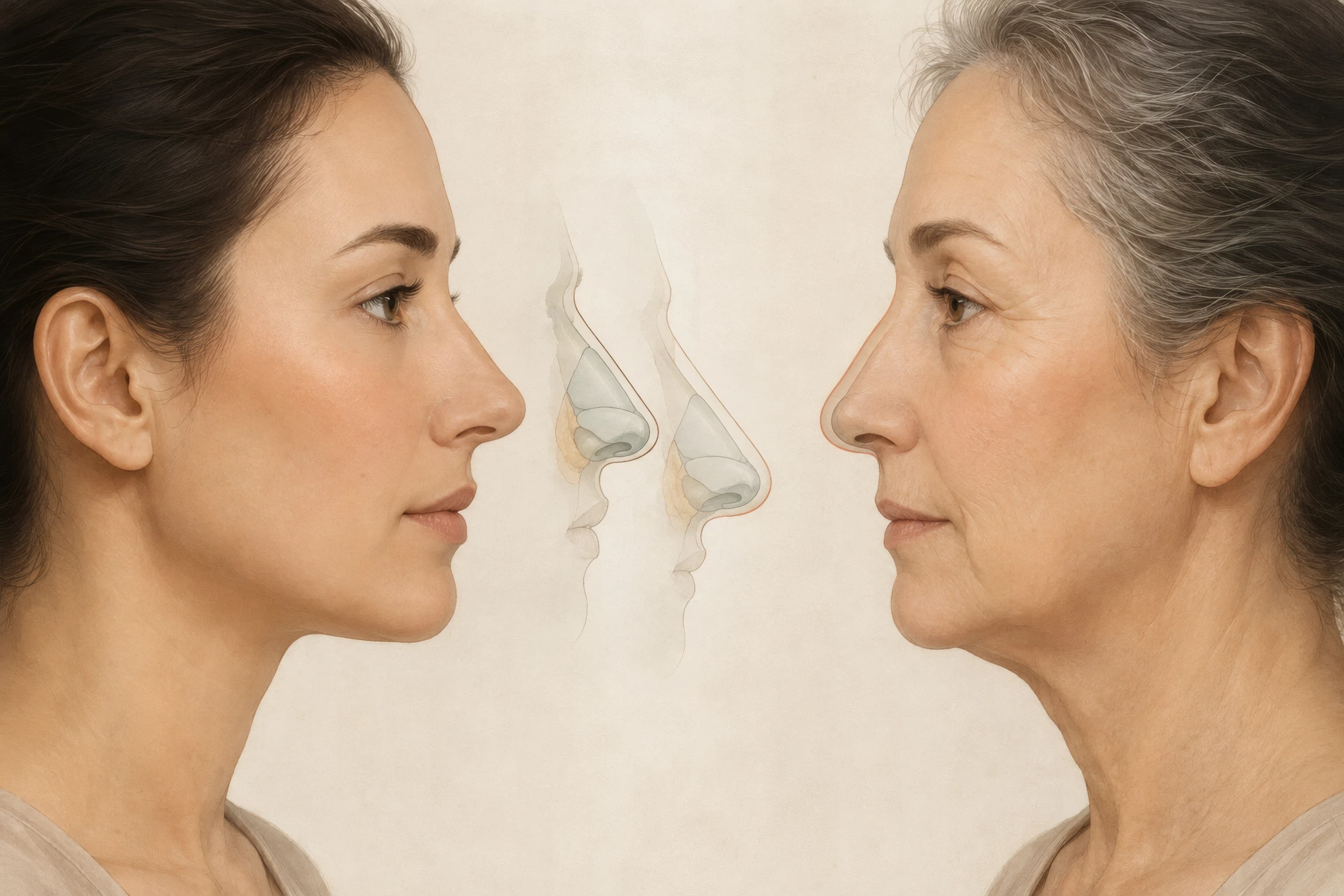 Side-profile illustrations showing how tip rotation, bridge curve, and skin thickness shift the apparent size of a nose with age