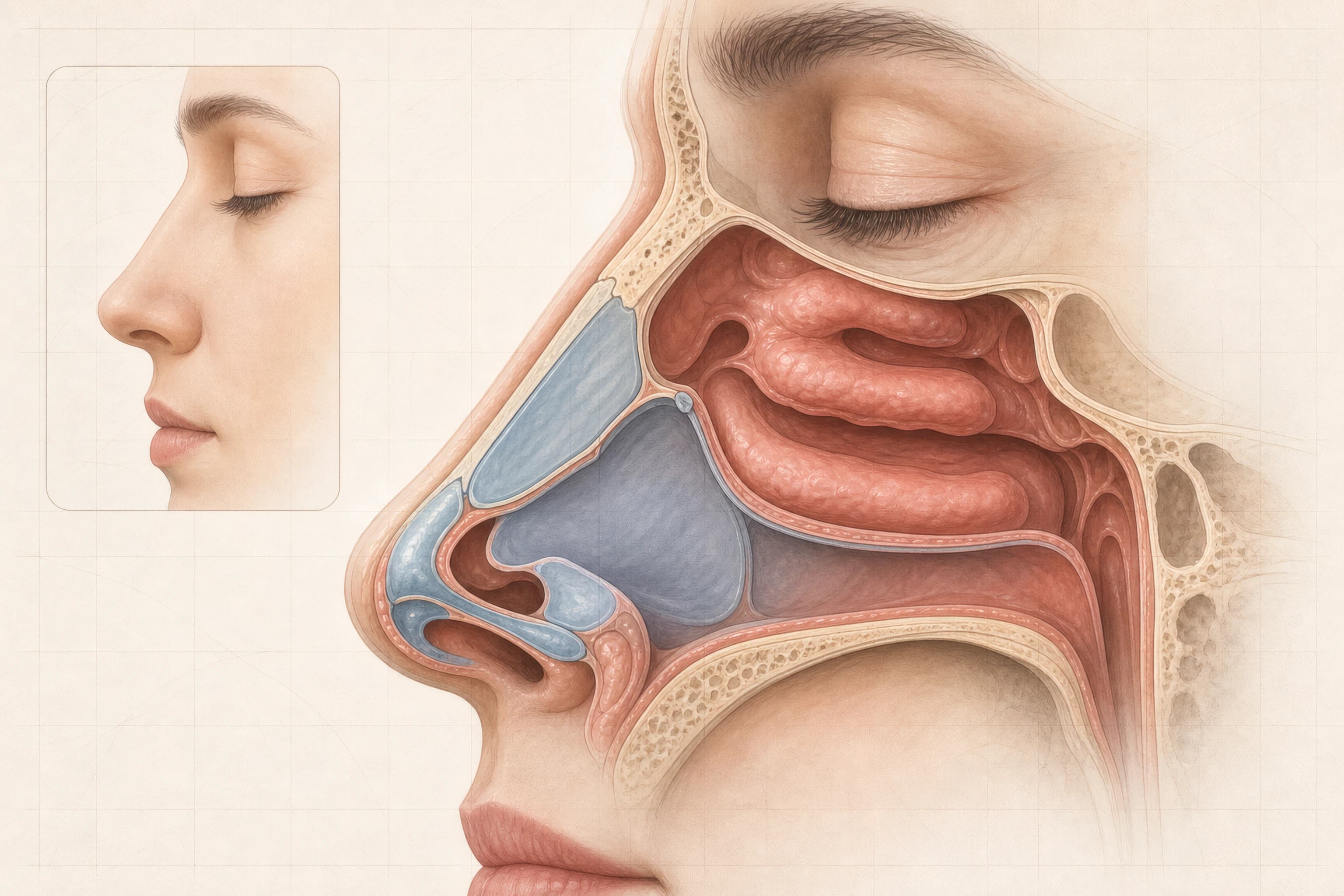 Side-profile diagram of the nose labeling the nasal bones, upper and lower lateral cartilages, septum, turbinates, and internal nasal valve