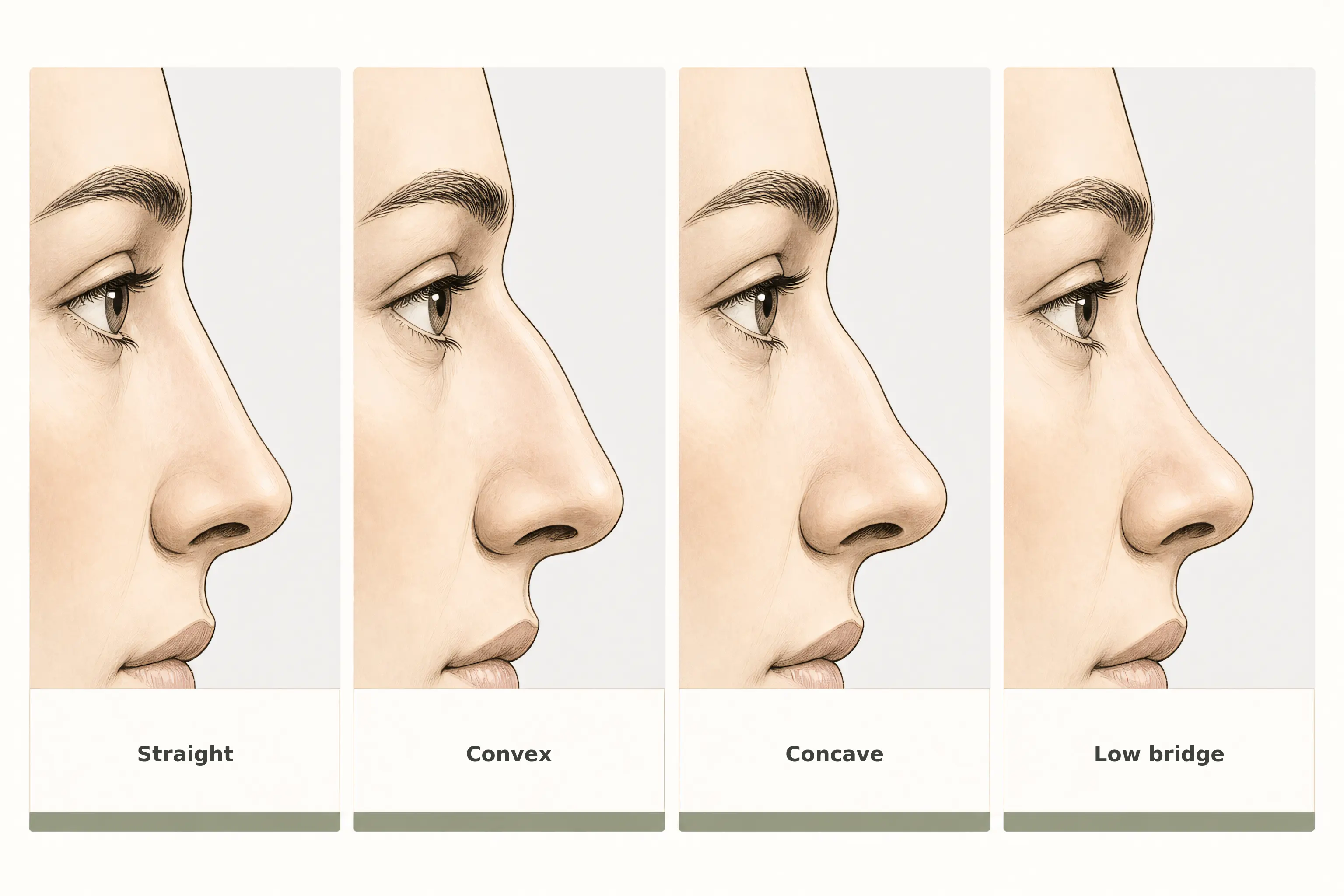 Four labeled profile comparisons showing straight, convex, concave, and low nose bridges