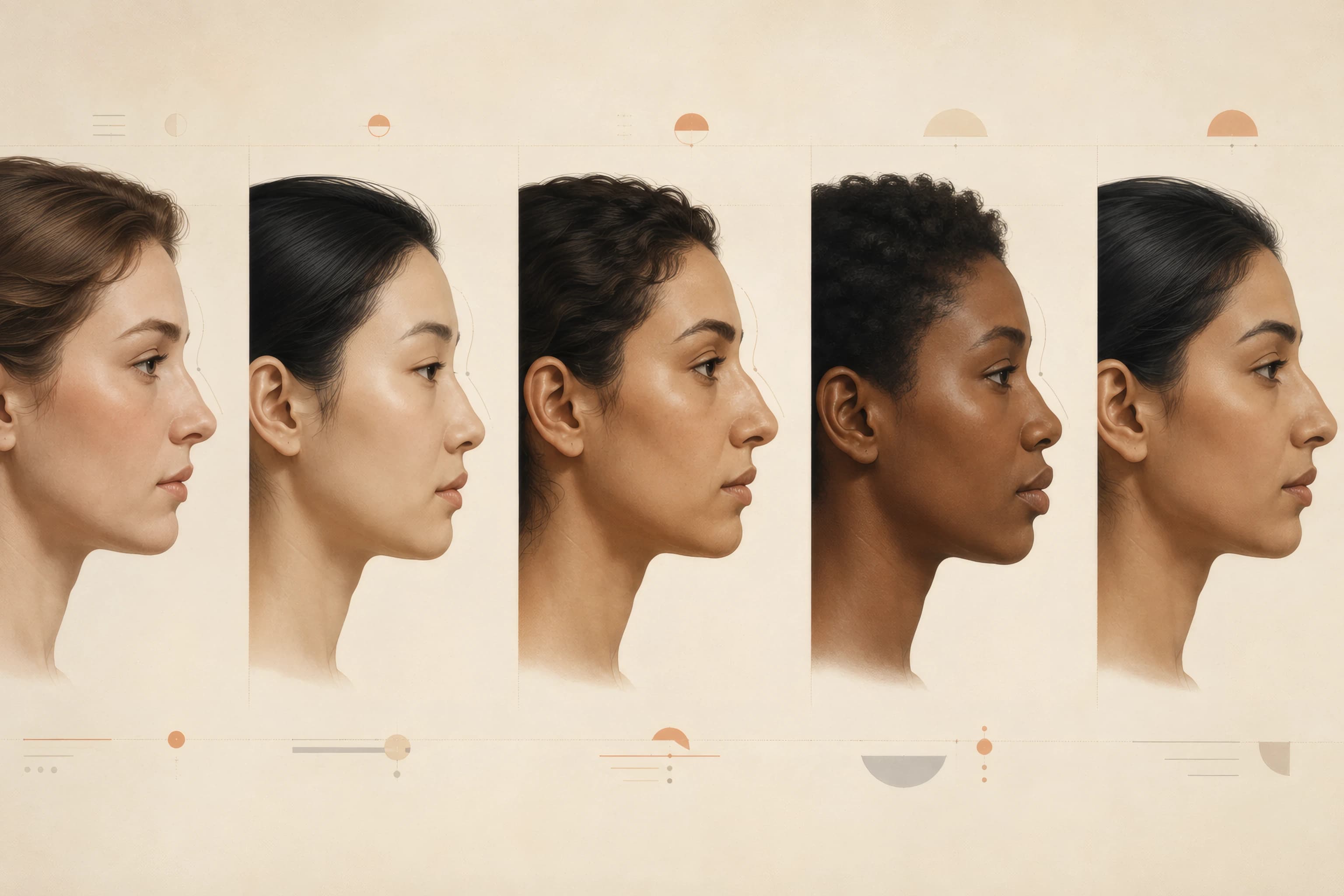 Profile illustrations of straight, convex, and concave nose bridge lines shown at high and low bridge heights