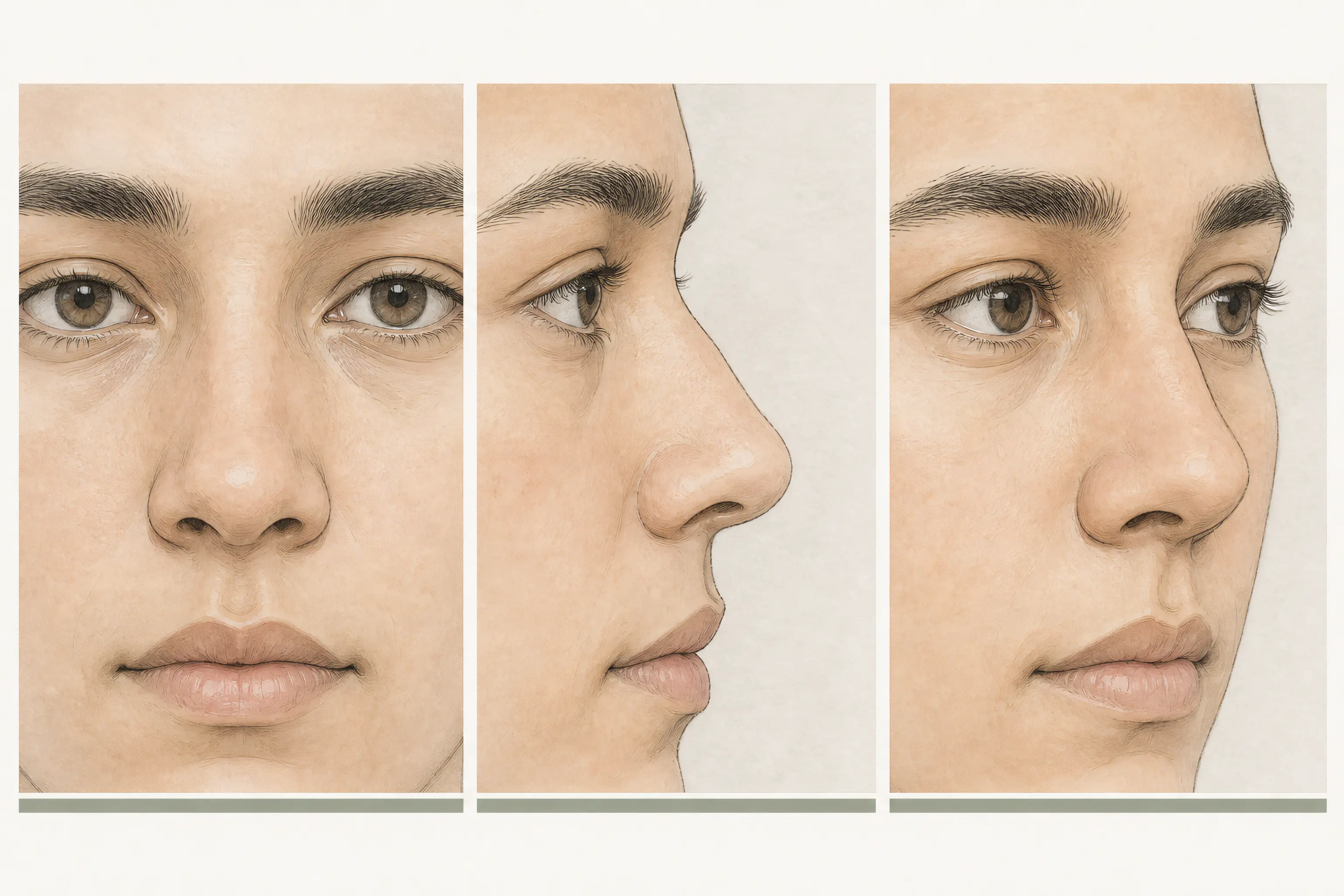 The same face shown from the front, in profile, and at a three-quarter angle