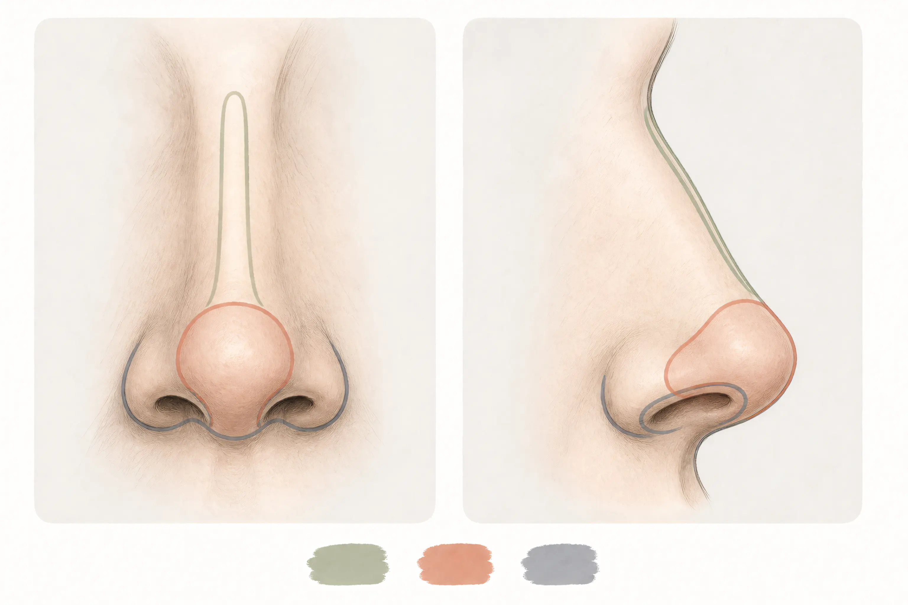 Front and profile nose illustrations highlighting the bridge, tip, and base
