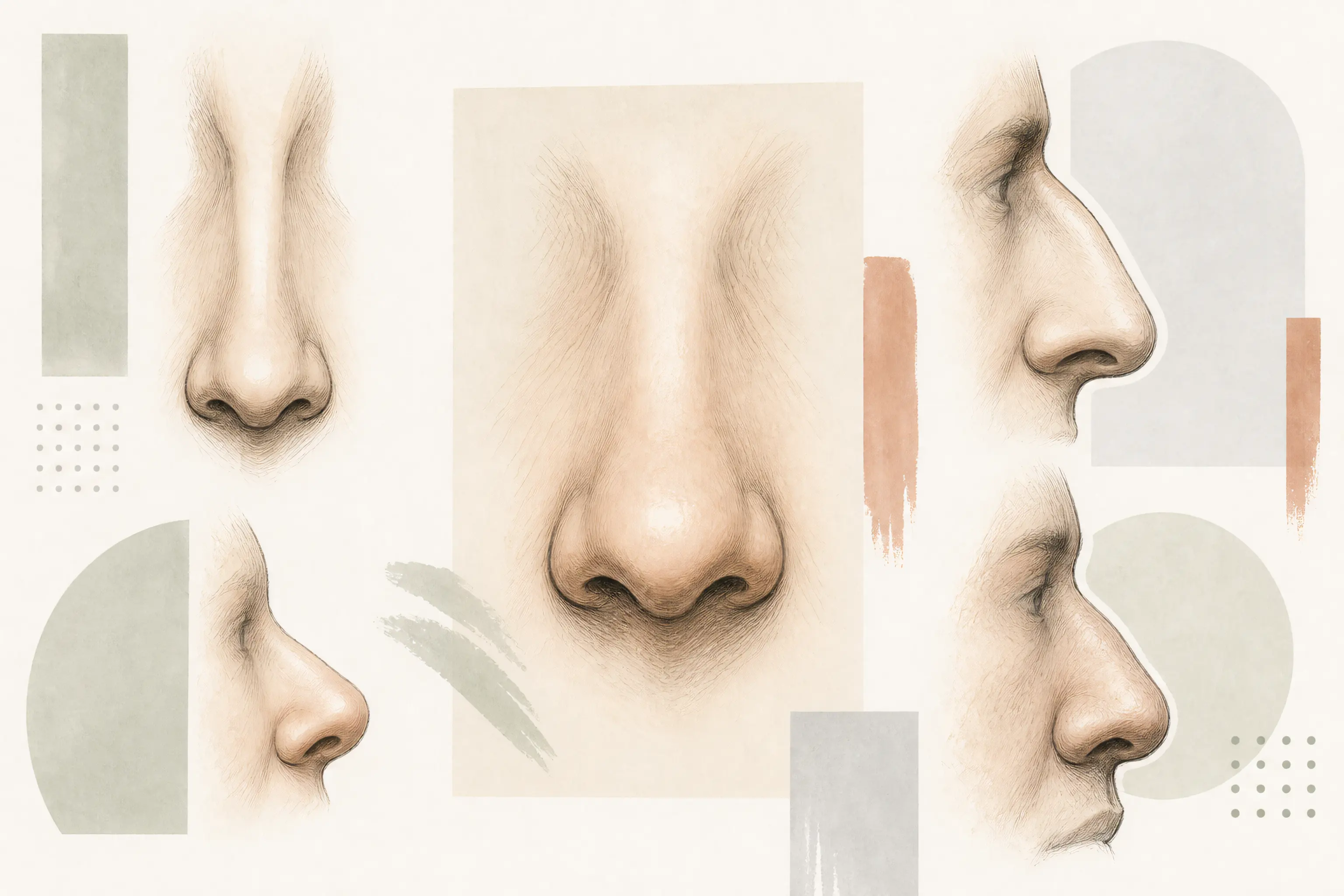 Editorial comparison of nose shapes shown from the front and in profile