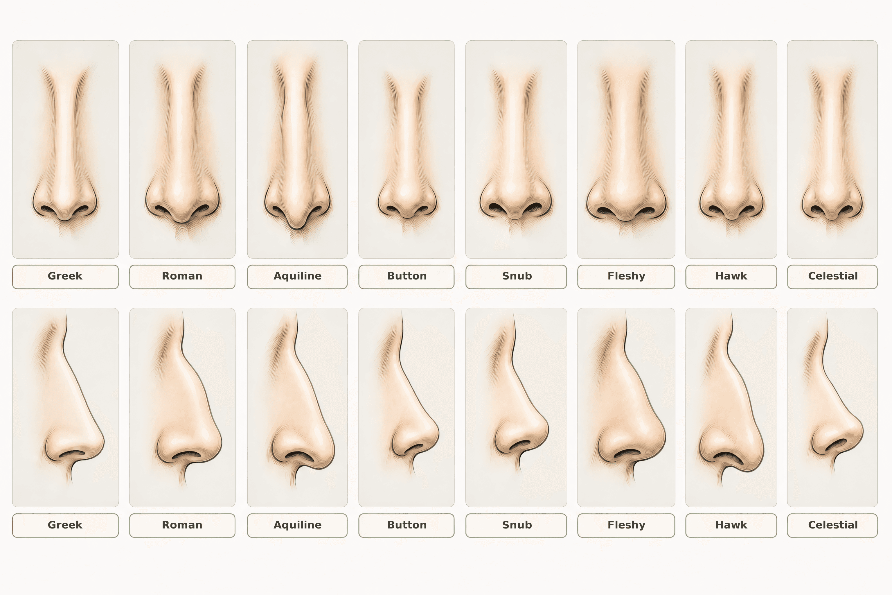 Original illustrated nose shapes chart with eight front-view studies on the top row and eight profile-view studies on the bottom row