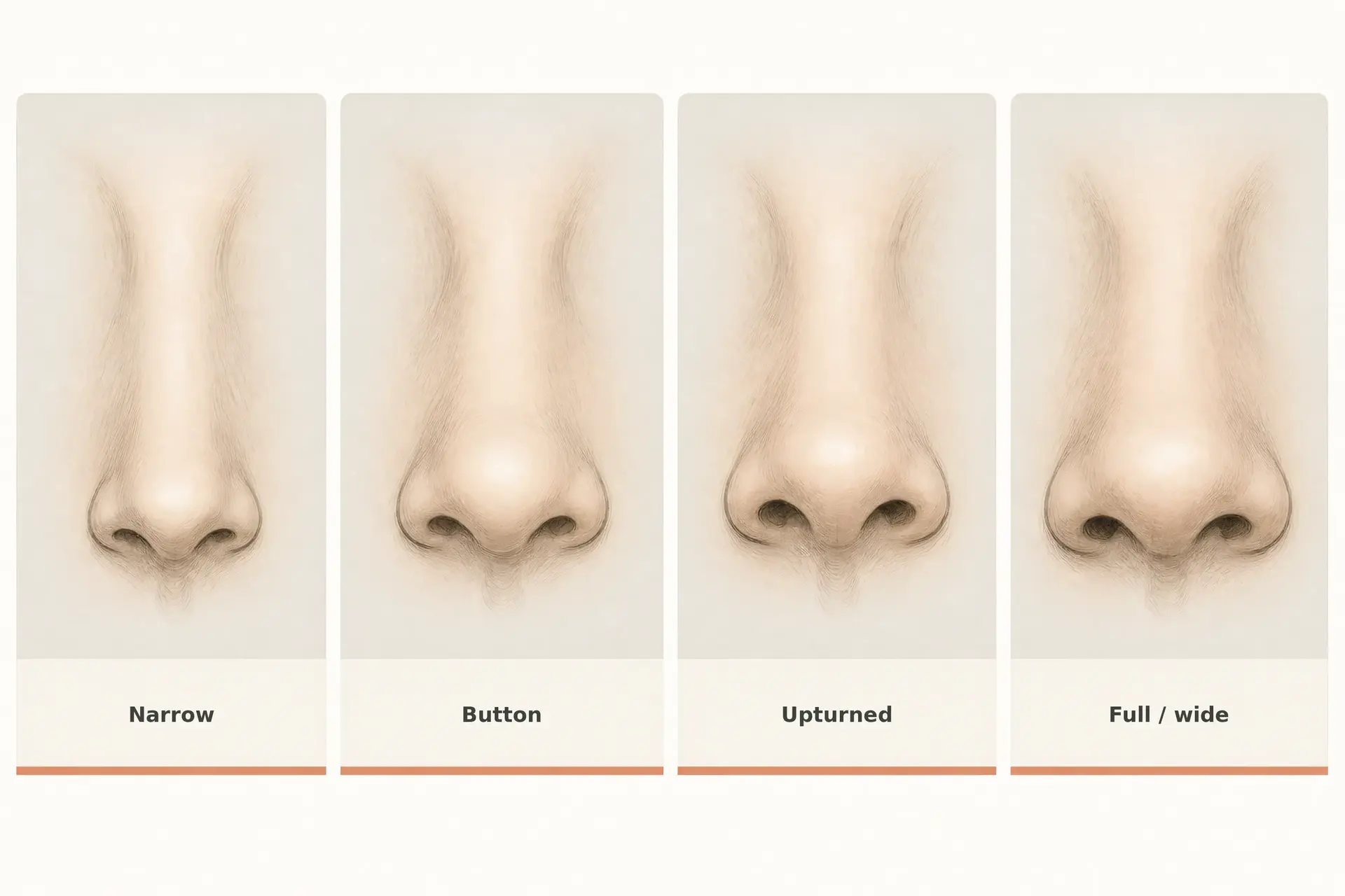 Four labeled front-view nose comparisons showing narrow, button, upturned, and full or wide tips and bases