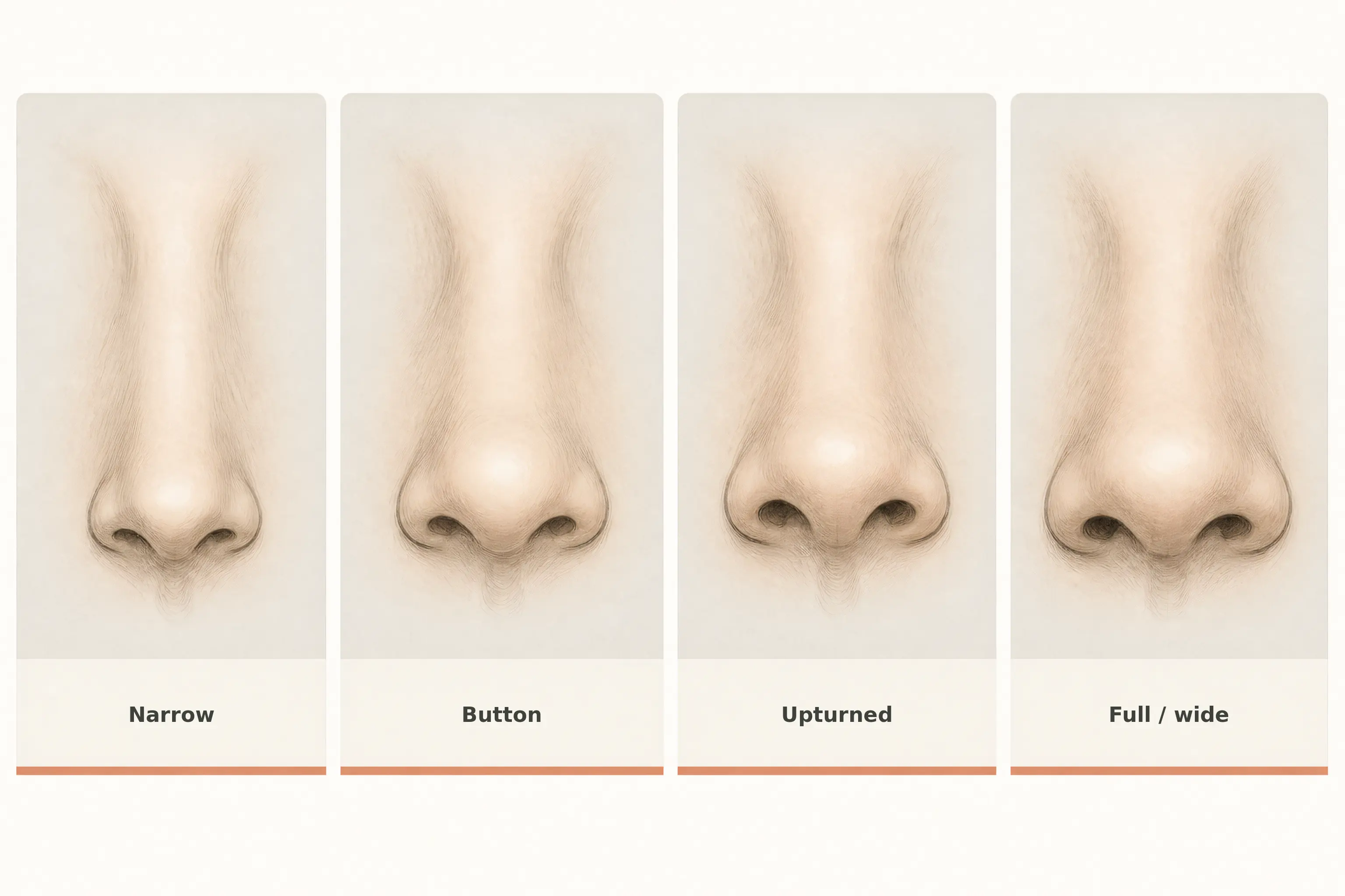 Four labeled front-view nose comparisons showing narrow, button, upturned, and full or wide tips and bases