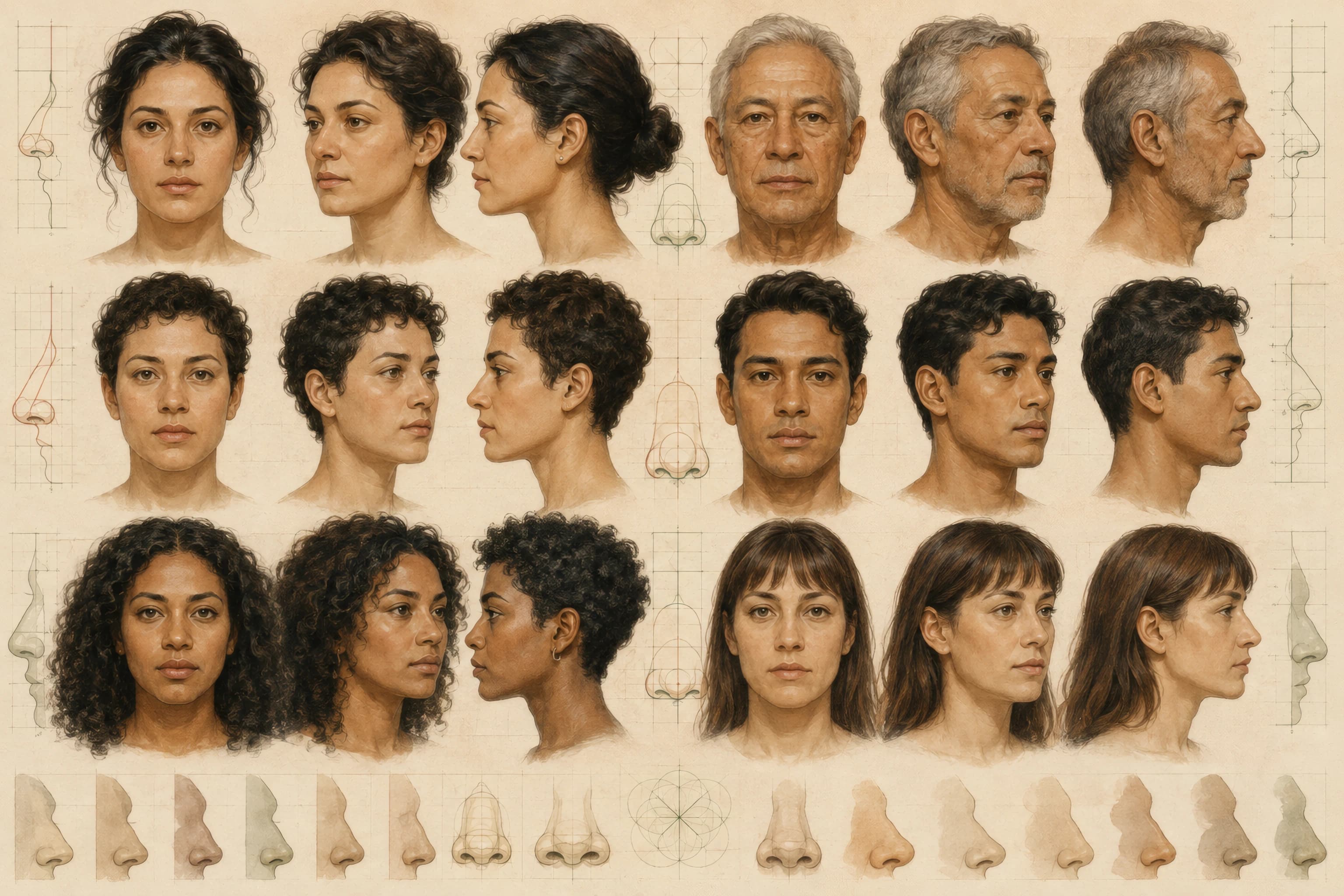 Side and front profile illustrations comparing nasal index bands across different population averages