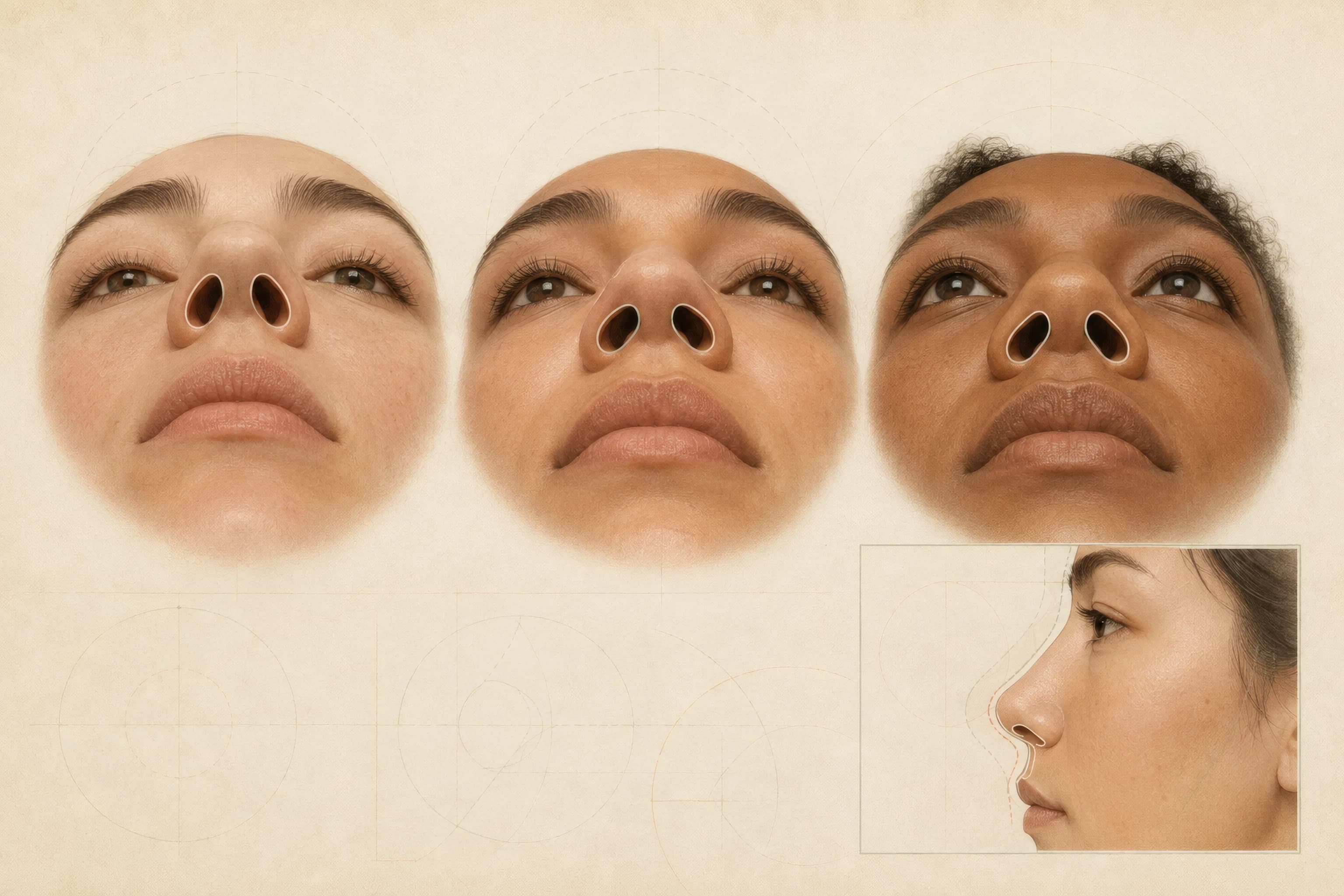 Base-view and profile illustrations of round, oval, and teardrop nostril shapes, with the alar rims, columella, and alar-facial groove labeled