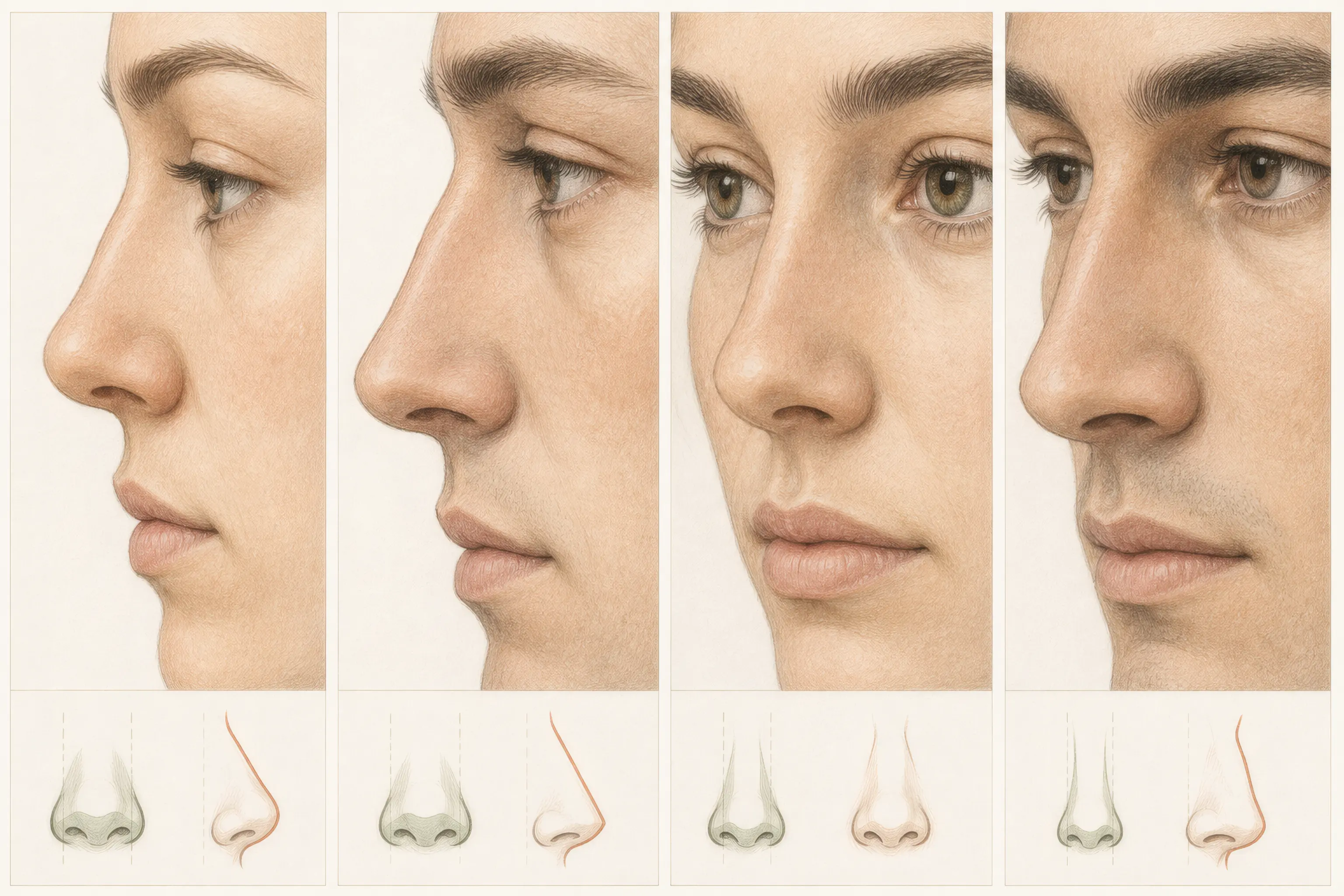 Profile and three-quarter nose illustrations comparing rounded, pointed, narrow, and projected tips