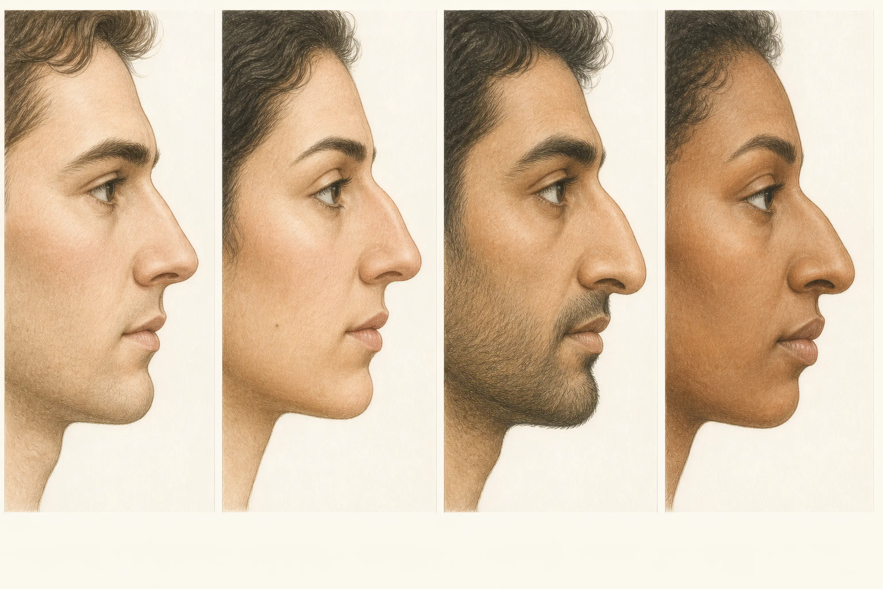 Four side-profile illustrations comparing straight and convex nose bridge variations