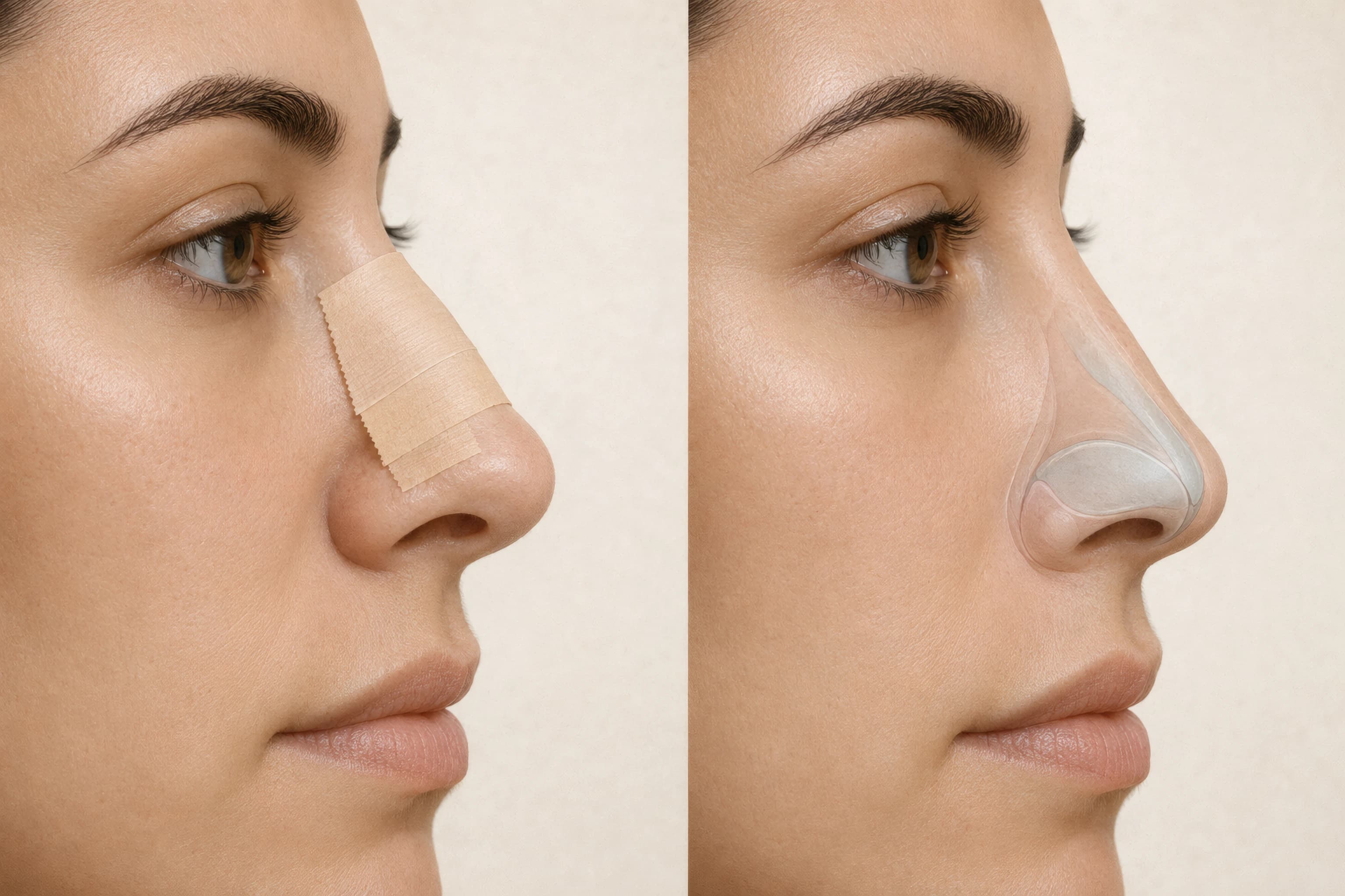 Step-by-step illustration of medical tape applied across the nasal bridge and supratip after rhinoplasty