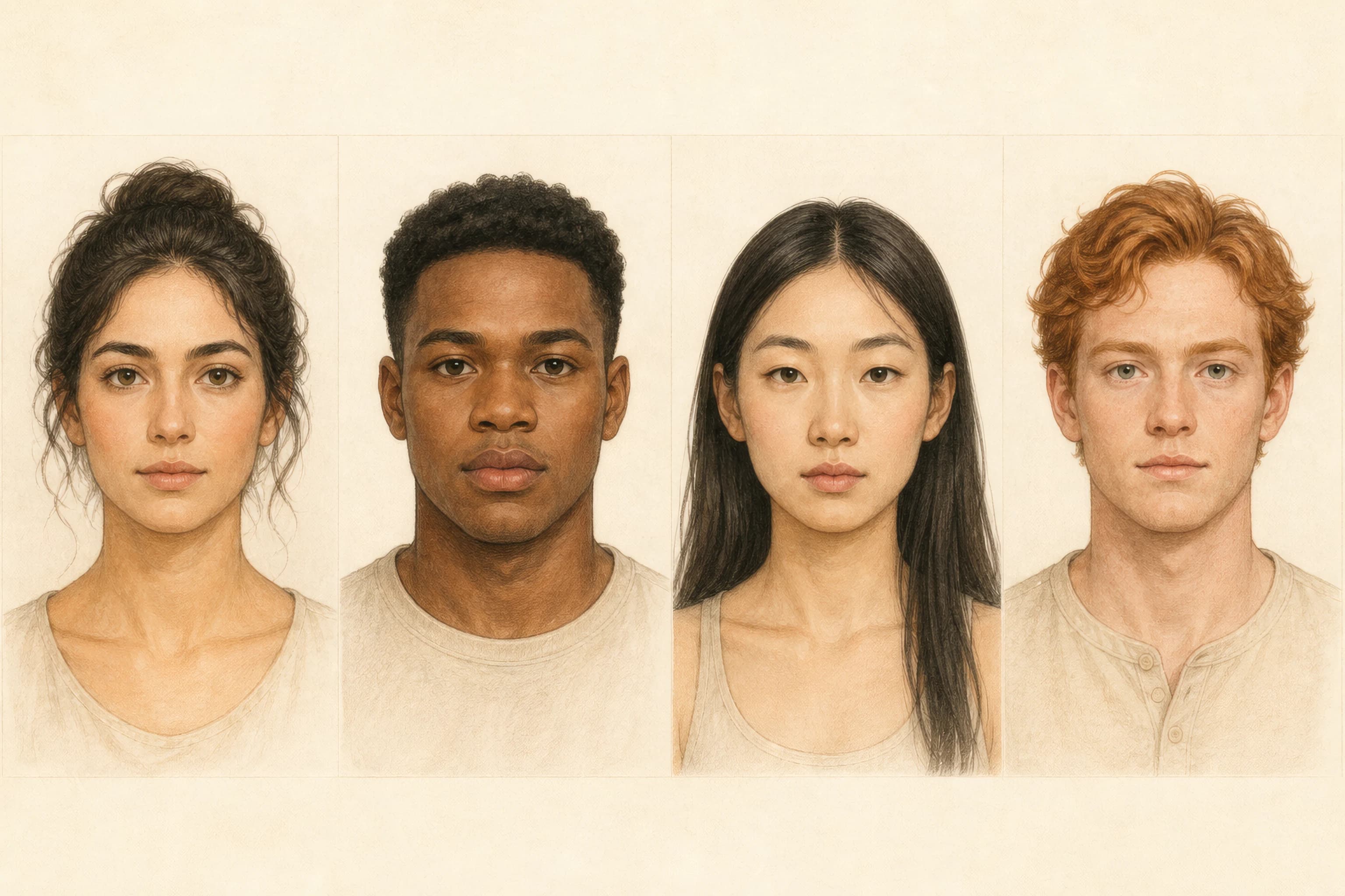 Four diverse portraits at a consistent camera distance showing small noses with balanced, short, narrow, and button proportions