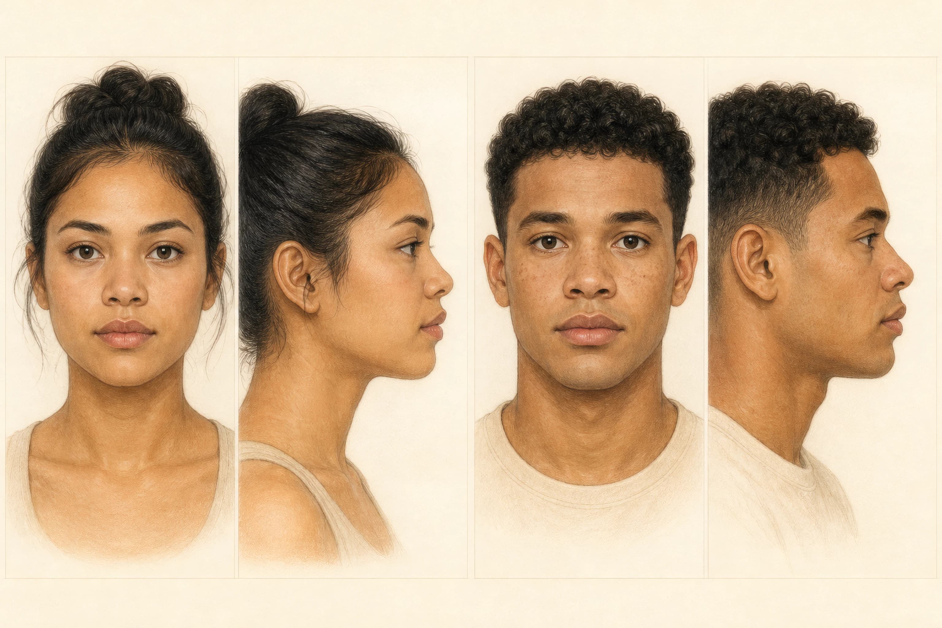 Matched front and profile illustrations showing short snub noses with concave bridges, upturned tips, and visible nostrils