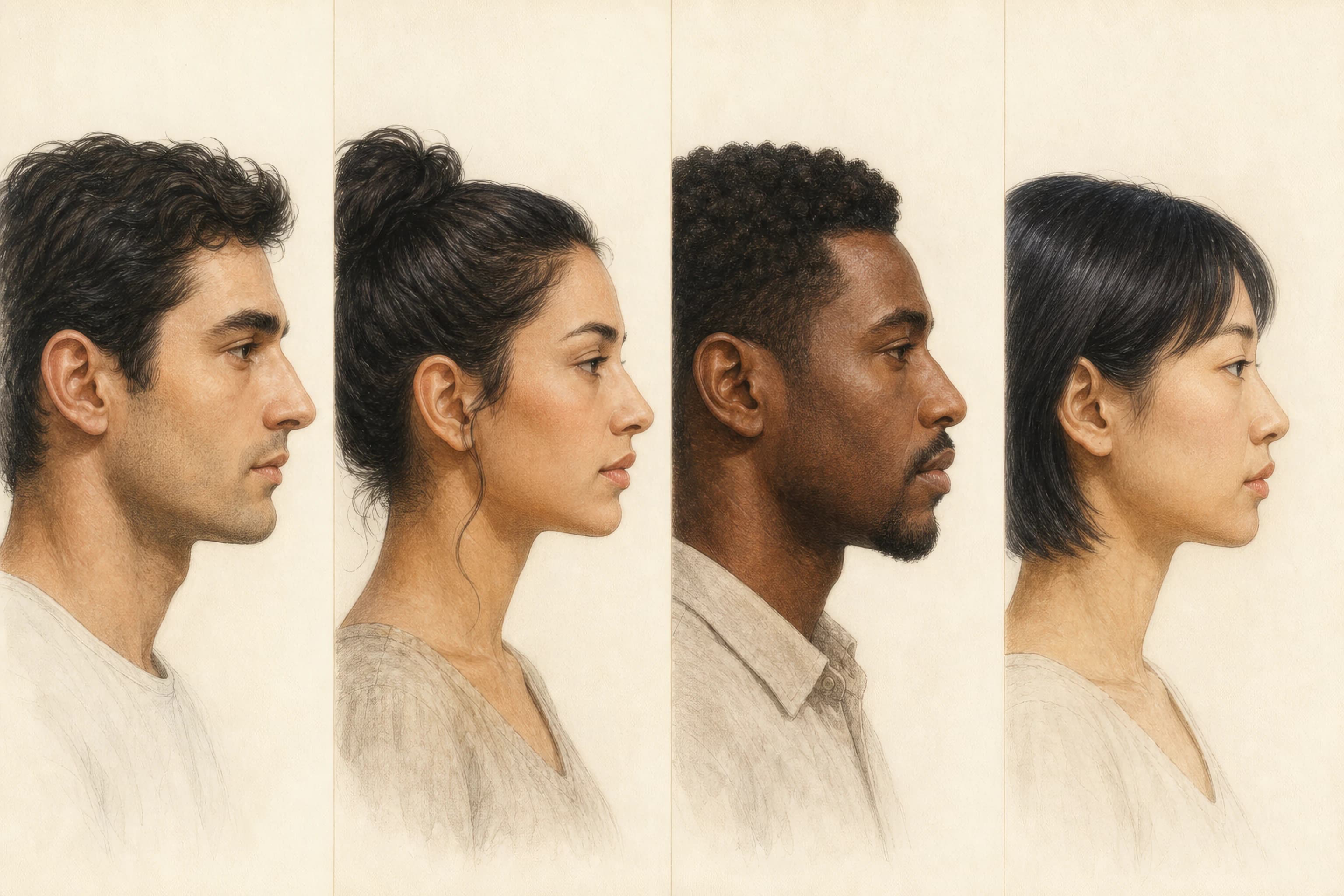 Four diverse side-profile illustrations showing straight noses across different heights, lengths, widths, and tips
